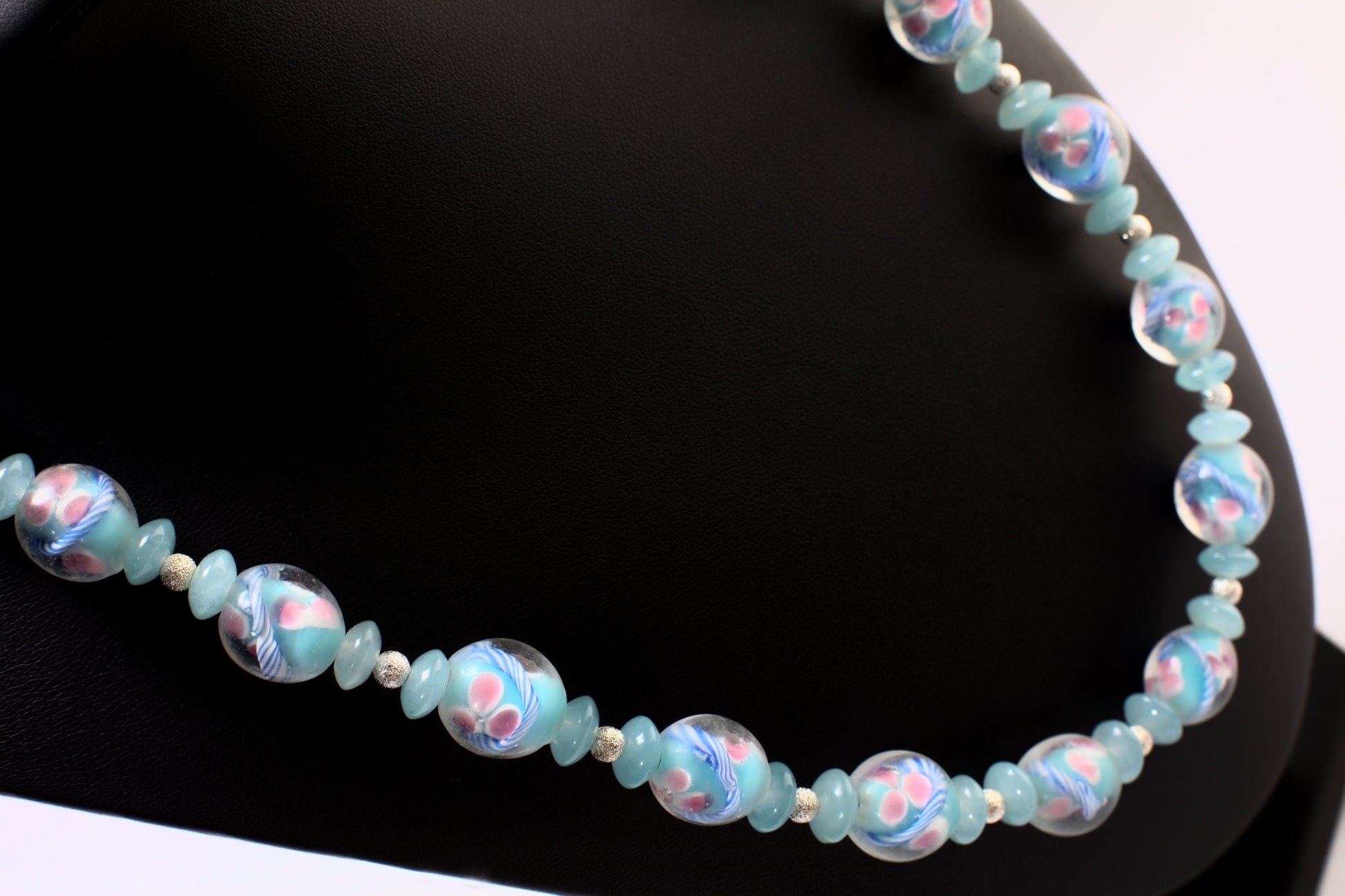 Czech Glass Pink Flowers Foil Lamp work 12x13mm Oval Beads with Blue Aquamarine Rondelle, Brushed Silver Spacer Beads 21" Necklace