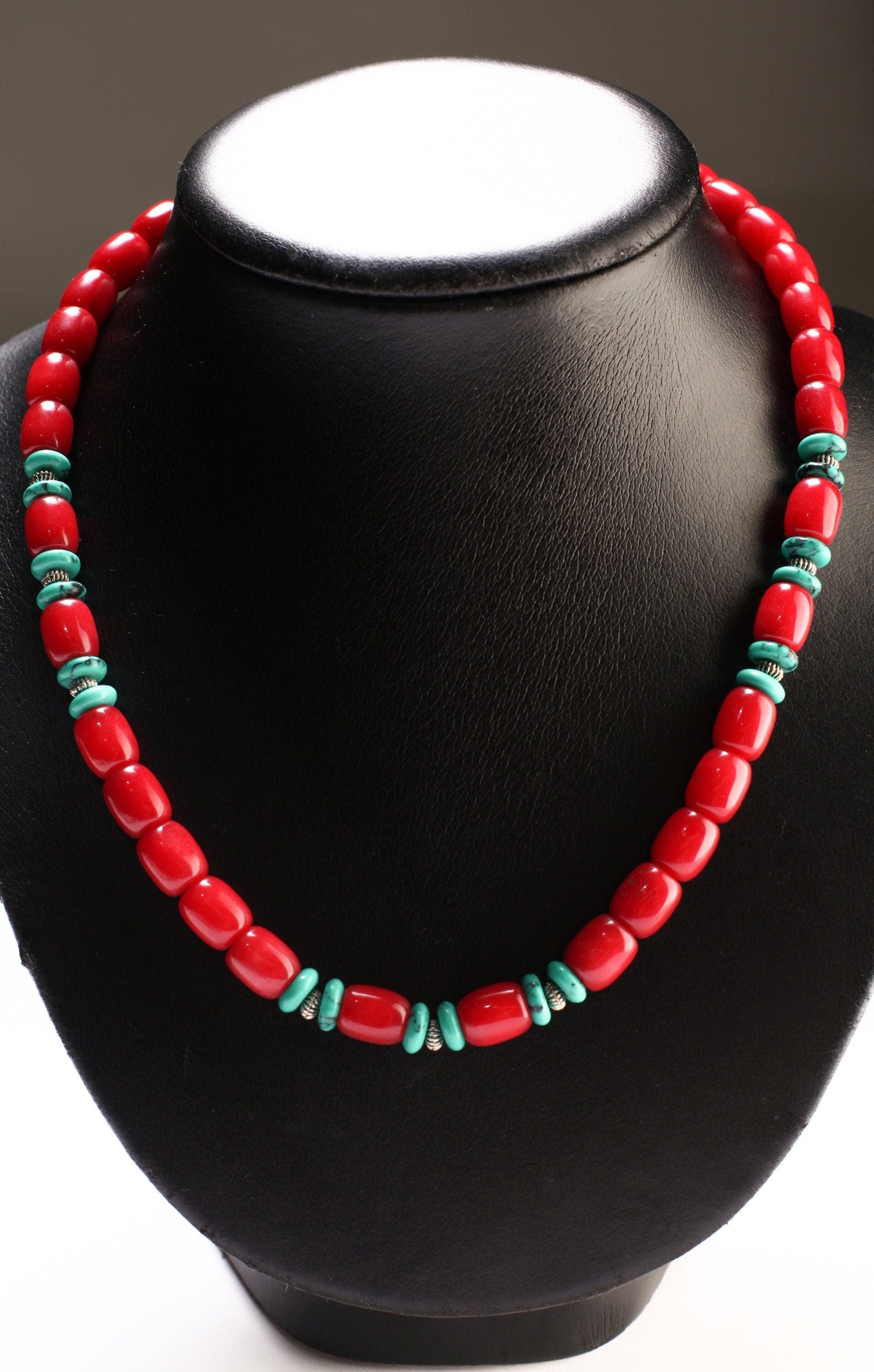 Ruby Jade Oval Barrel 9x11mm with Turquoise Rondelle 18&quot; Necklace with 2&quot; Extension Chain