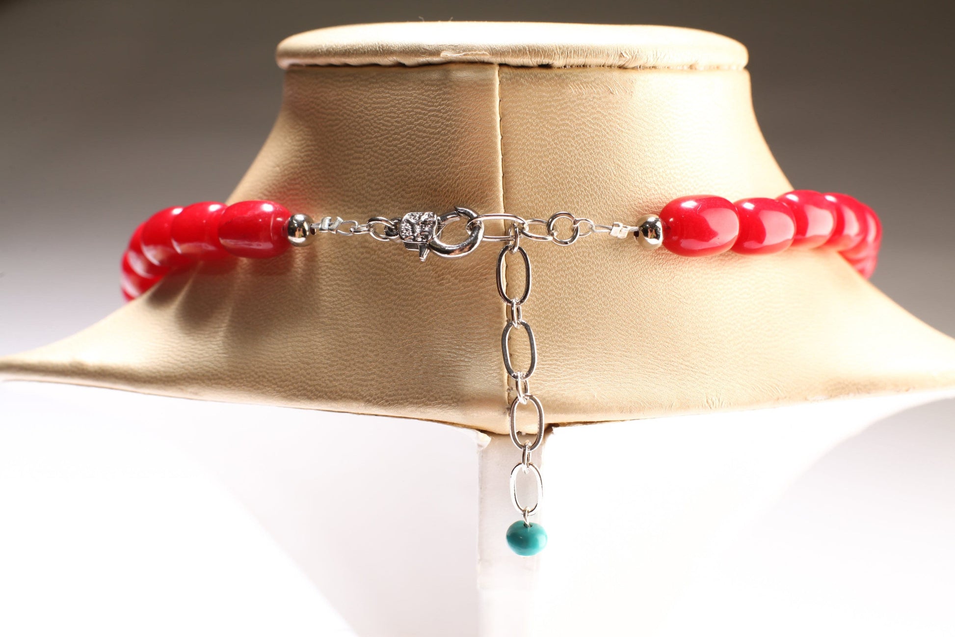 Ruby Jade Oval Barrel 9x11mm with Turquoise Rondelle 18" Necklace with 2" Extension Chain