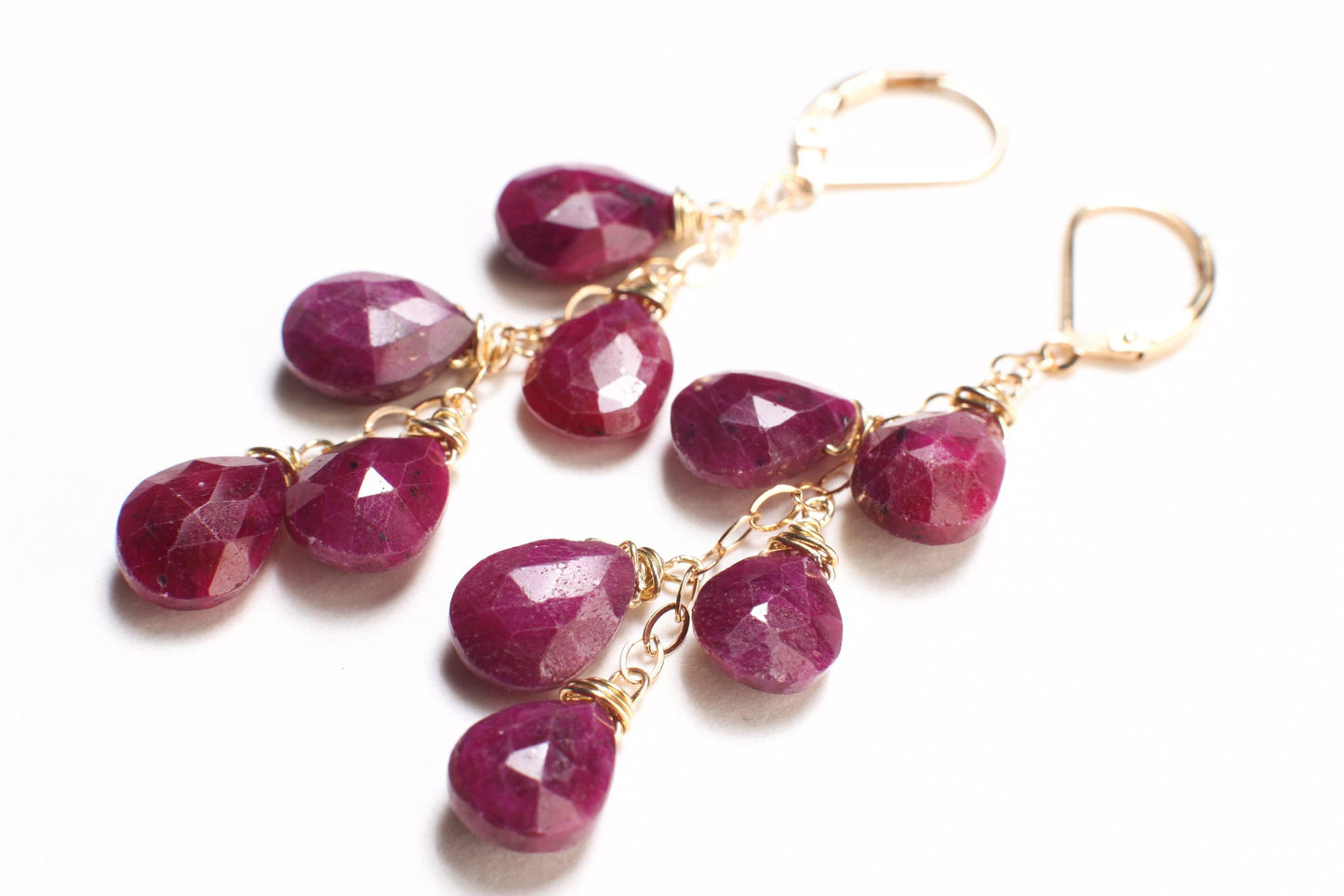 Genuine Ruby faceted 8x11-12mm Tear Drop Cascade 14k Gold Filled Leverback Earrings, Valentine, Bridesmaid, Birthday handmade precious gift.