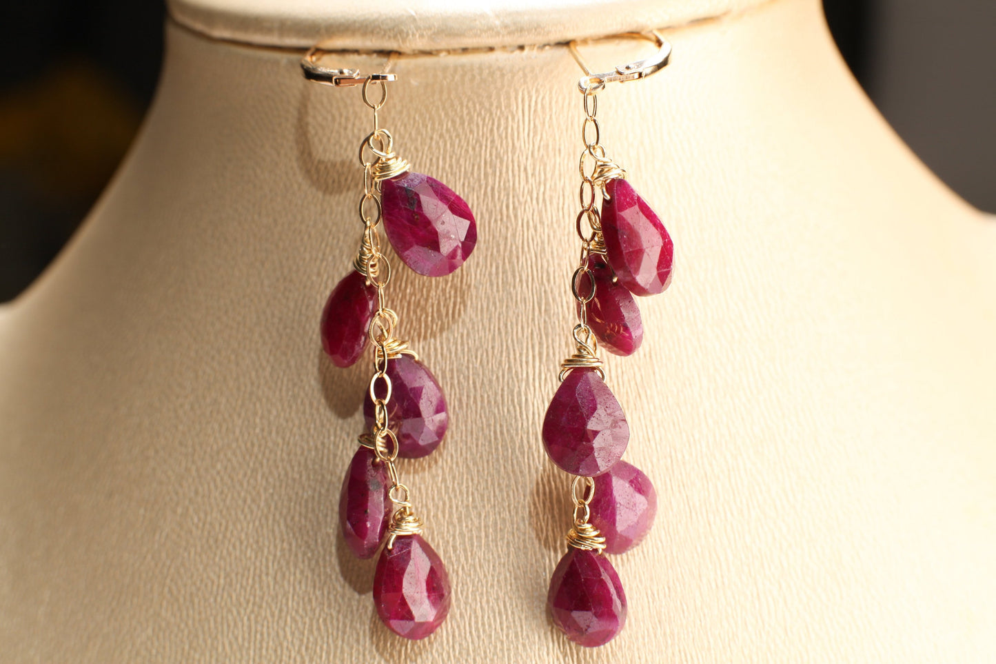 Genuine Ruby faceted 8x11-12mm Tear Drop Cascade 14k Gold Filled Leverback Earrings, Valentine, Bridesmaid, Birthday handmade precious gift.