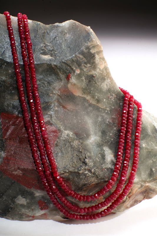 AAA Natural Ruby Gemstones 4-4.5mm Multi Strand, 3 Line Layer Gemstone Rondelle Necklace 15.5&quot; Plus 9&quot; Adjustable Thread. 270Ct