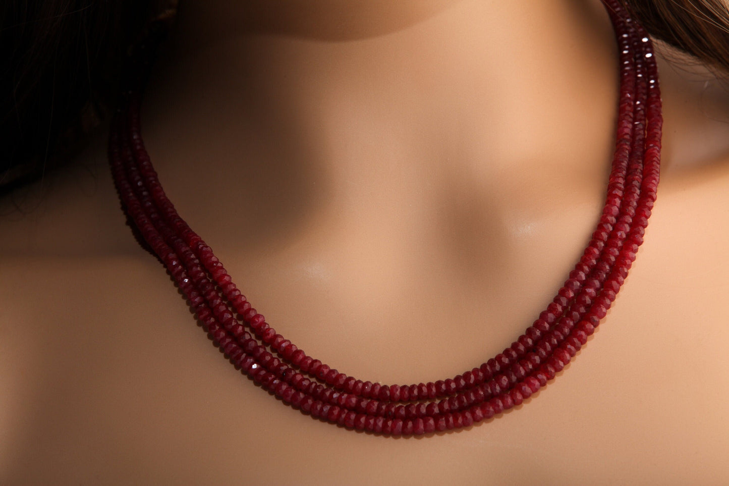 AAA Natural Ruby Gemstones 4-4.5mm Multi Strand, 3 Line Layer Gemstone Rondelle Necklace 15.5&quot; Plus 9&quot; Adjustable Thread. 270Ct