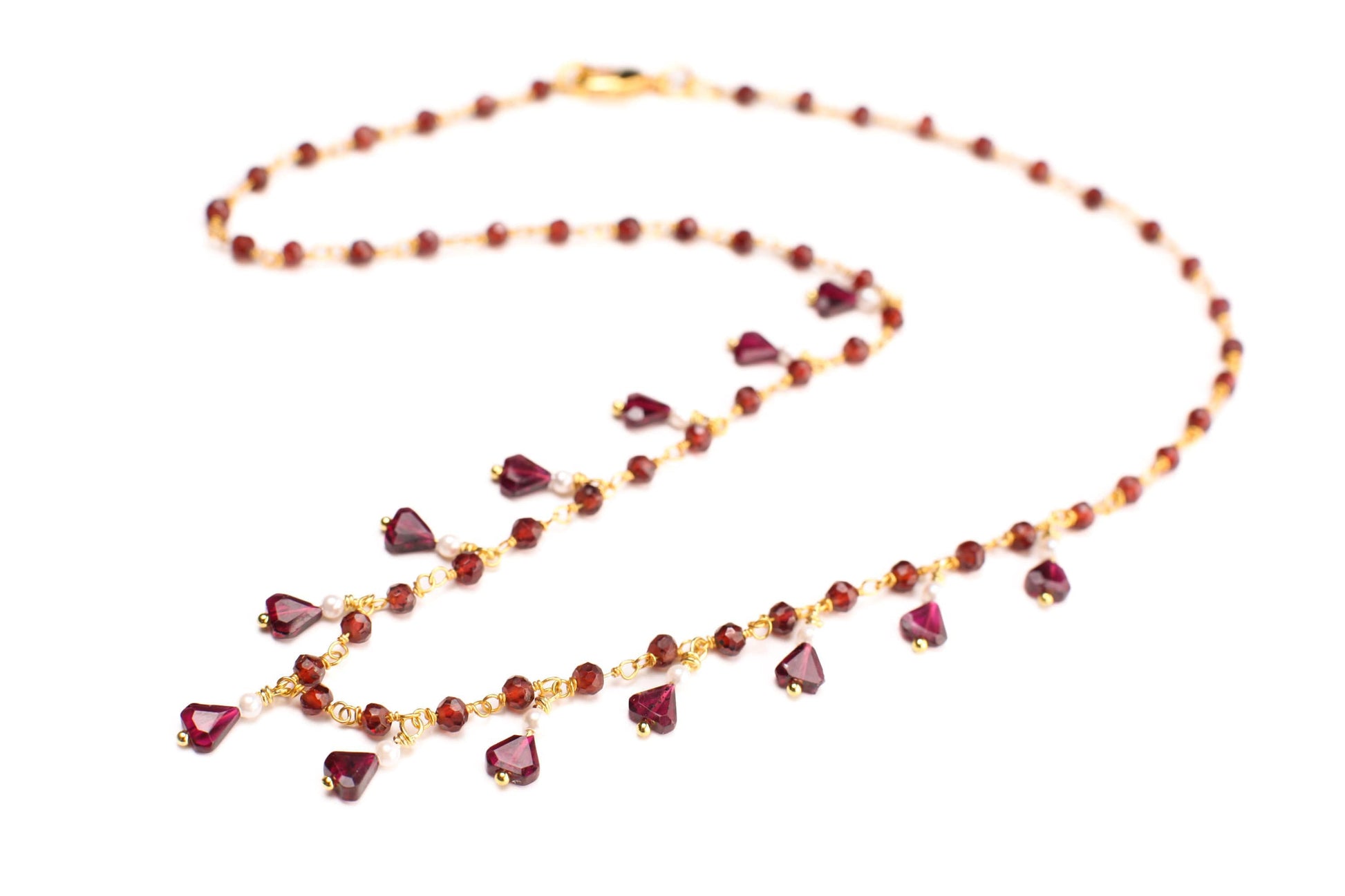 Genuine Garnet Faceted Merlot Red Clusters and Dangling Garnet Freshwater Pearl Wire Wrap Handmade Gold Necklace, Bridal Gift