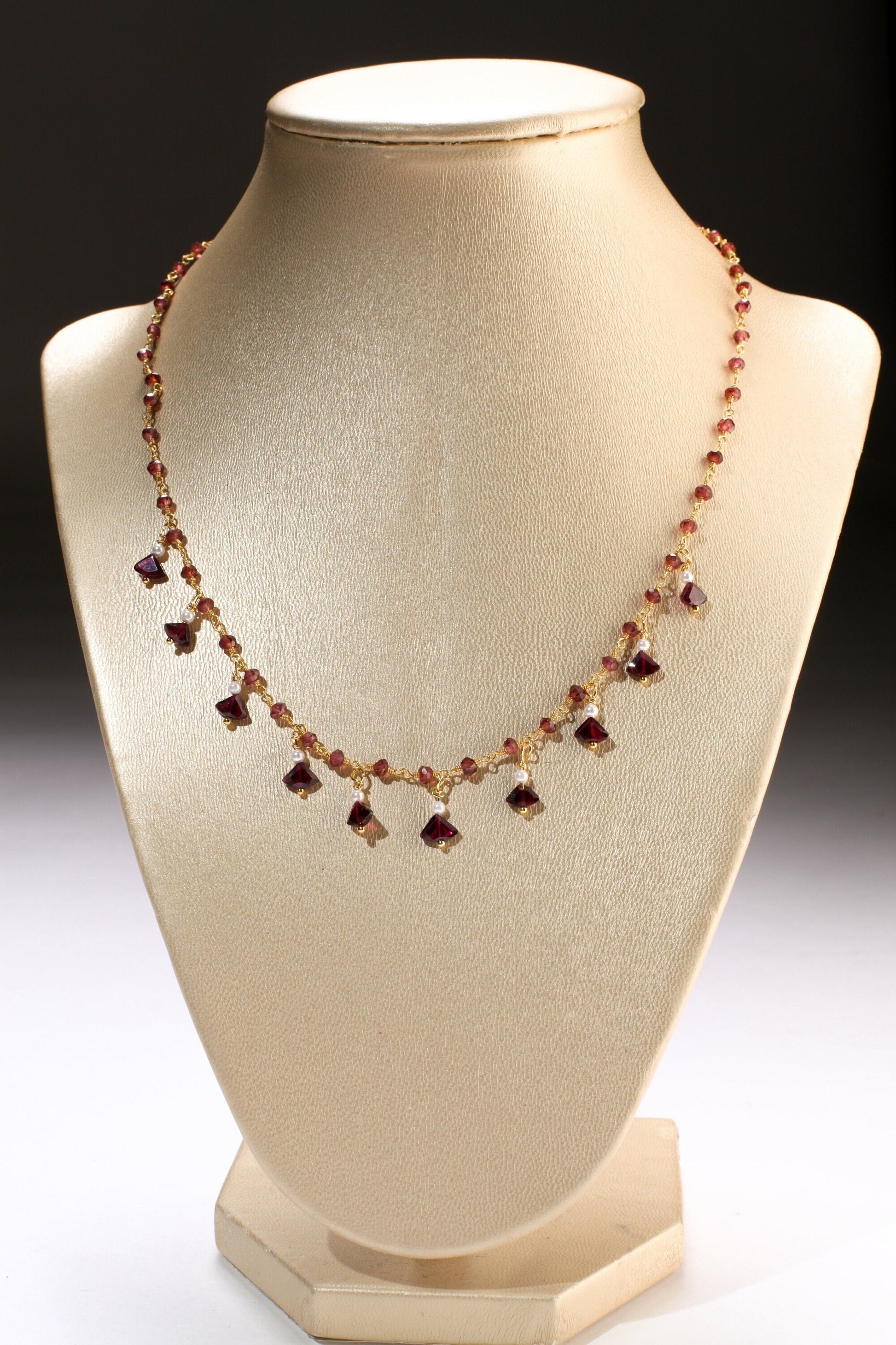 Genuine Garnet Faceted Merlot Red Clusters and Dangling Garnet Freshwater Pearl Wire Wrap Handmade Gold Necklace, Bridal Gift