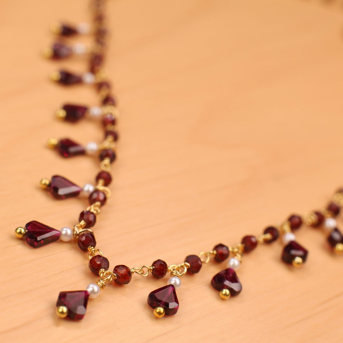 Genuine Garnet Faceted Merlot Red Clusters and Dangling Garnet Freshwater Pearl Wire Wrap Handmade Gold Necklace, Bridal Gift