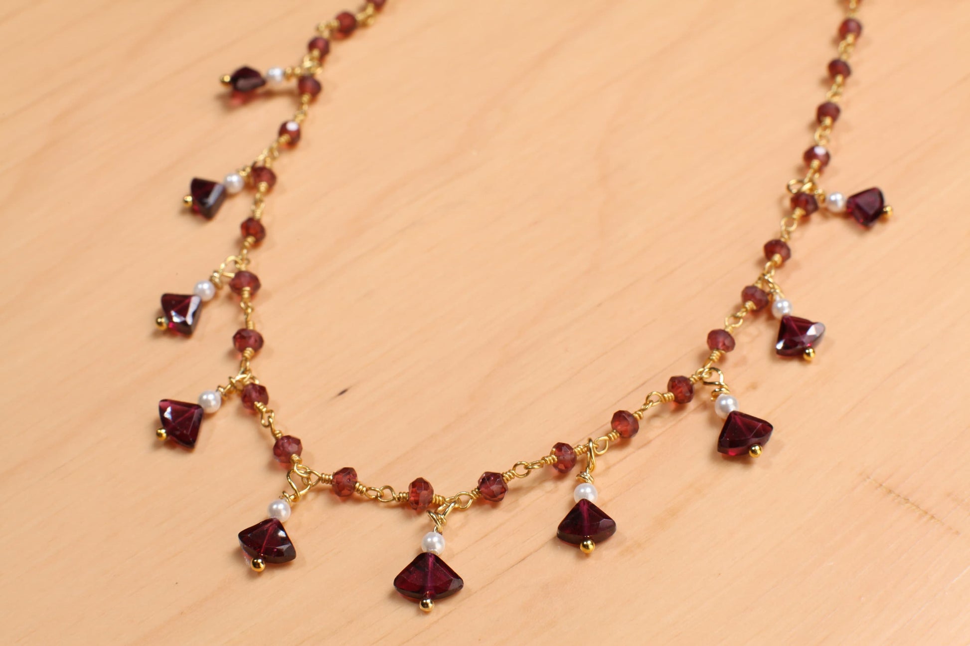 Genuine Garnet Faceted Merlot Red Clusters and Dangling Garnet Freshwater Pearl Wire Wrap Handmade Gold Necklace, Bridal Gift