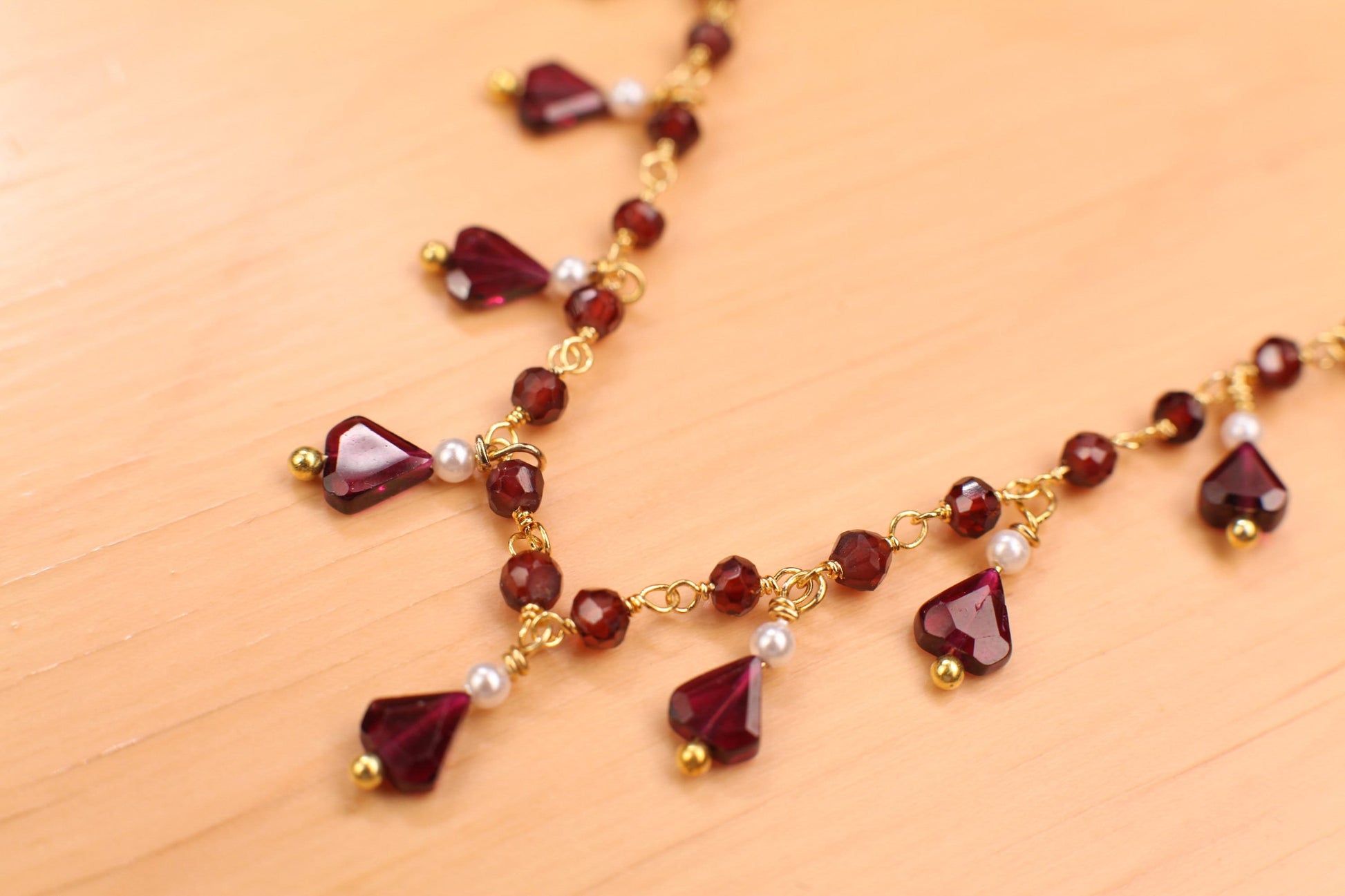Genuine Garnet Faceted Merlot Red Clusters and Dangling Garnet Freshwater Pearl Wire Wrap Handmade Gold Necklace, Bridal Gift