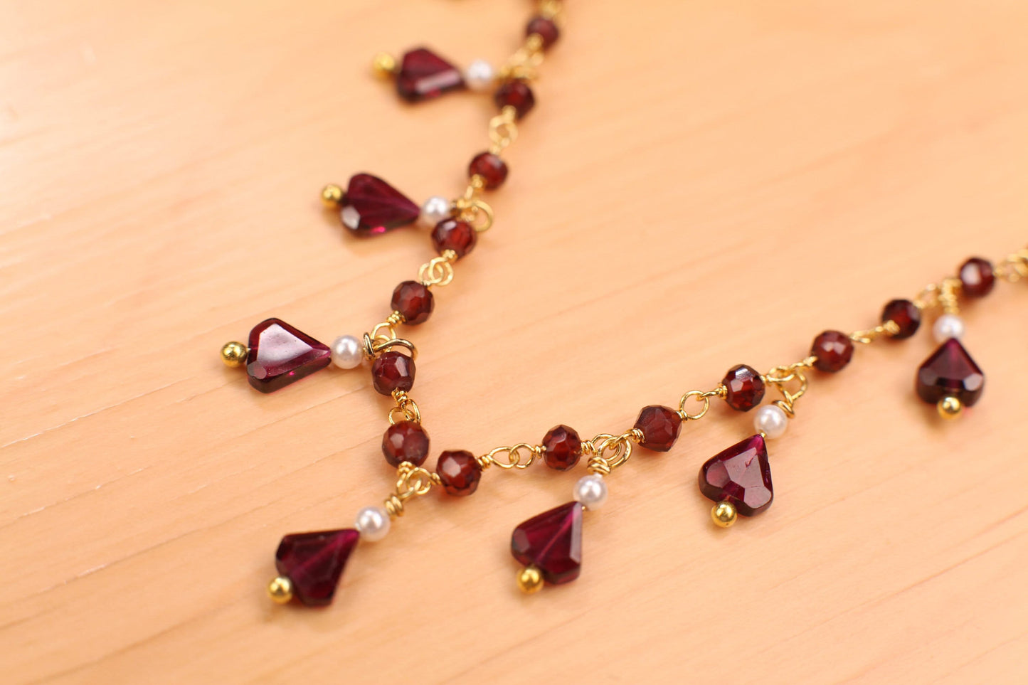 Genuine Garnet Faceted Merlot Red Clusters and Dangling Garnet Freshwater Pearl Wire Wrap Handmade Gold Necklace, Bridal Gift