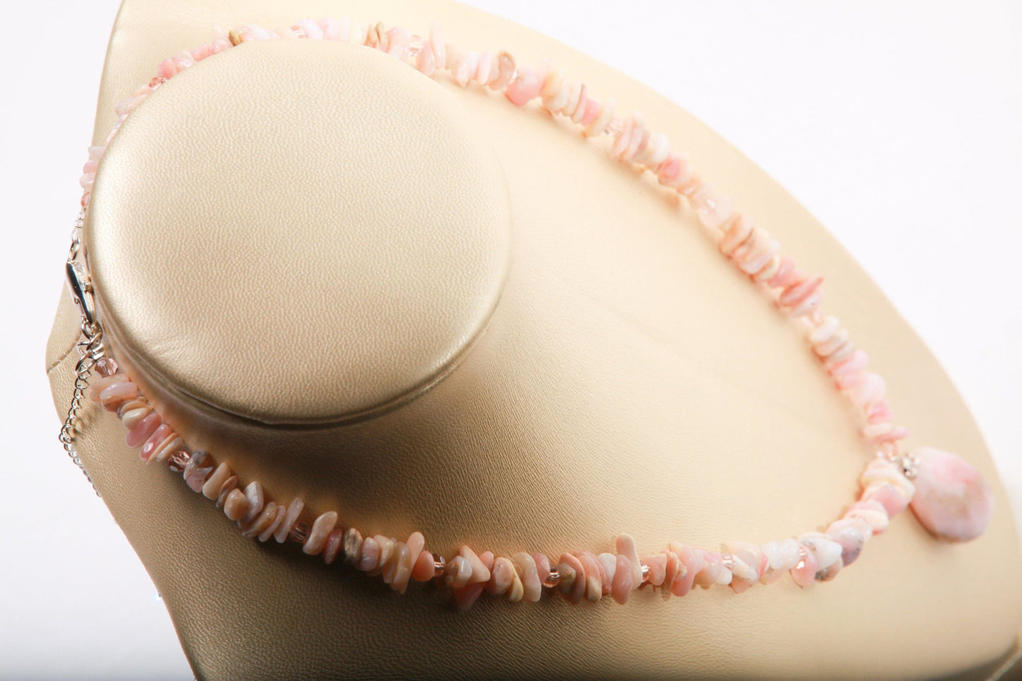 Pink Peruvian Opal Raw Chips Gemstone with Free Form pink peru opal Faceted Pendant in 19" Necklace and 2" Extension Chain.
