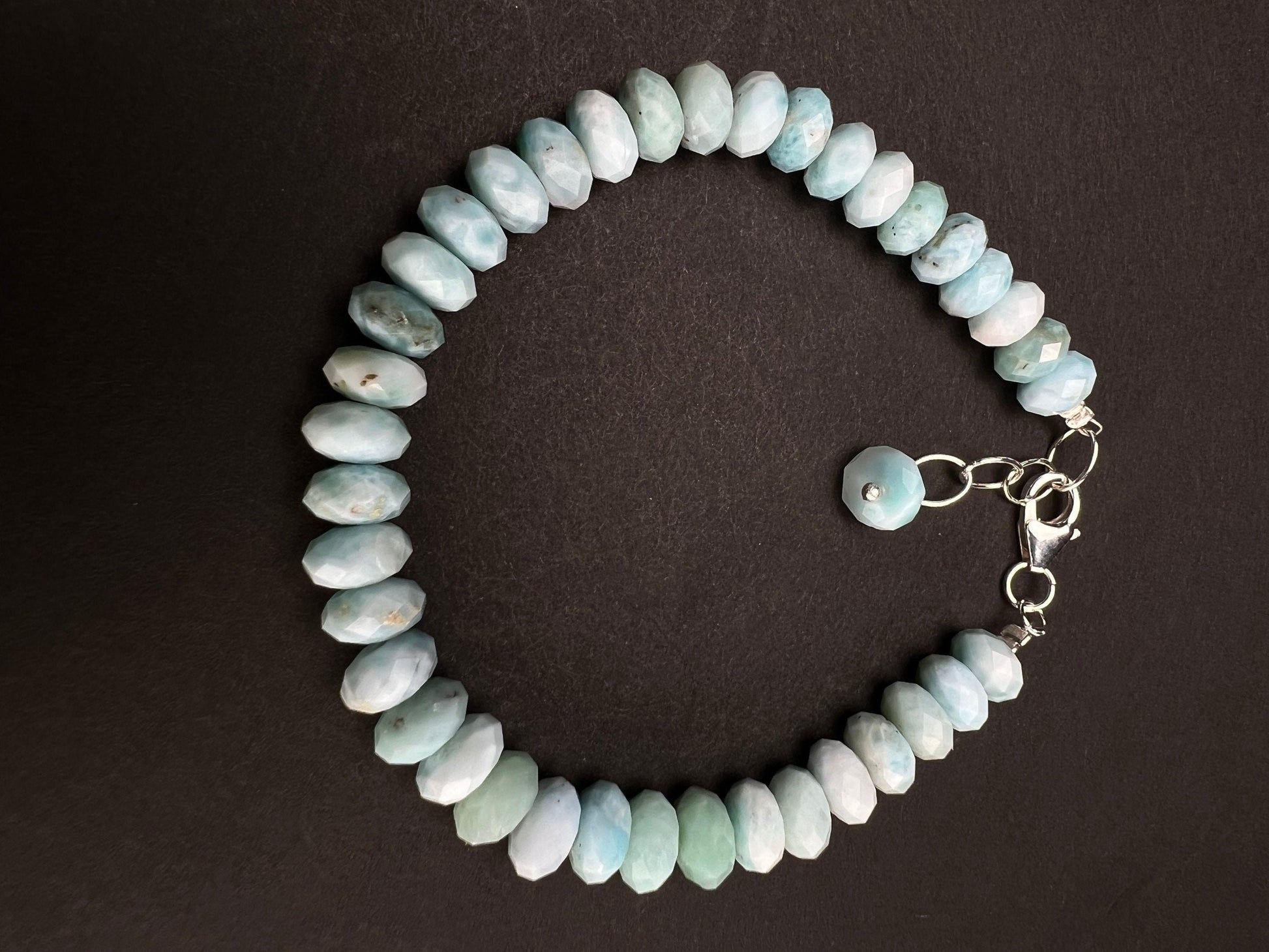 Genuine Larimar Gemstone 7.5-8mm faceted AAA Roundel 925 Sterling silver Bracelet , healing gemstone beads, high Quality Gift