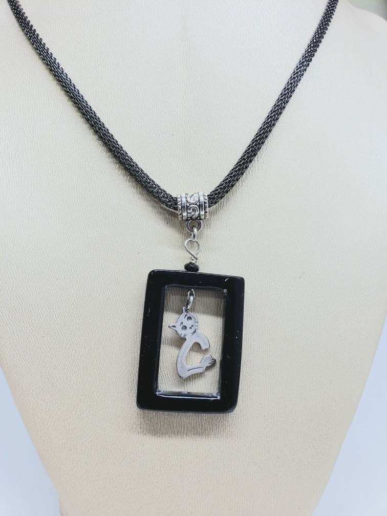 925 sterling silver cat charm in black onyx frame with gunmetal black chain 20&quot;(18&quot;& 2&quot; Extension ) Cute cat, Cat lovers necklace gift