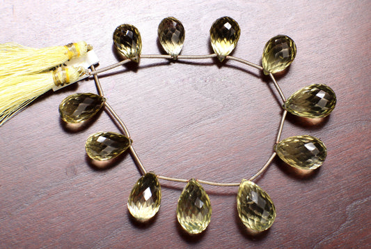 Lemon Quartz Faceted Briolette Drop 9.5x15-12x19mm, Natural AAA Graduated Lemon Quartz Jewelry Making Necklace, Bracelet Beads 9 Pieces