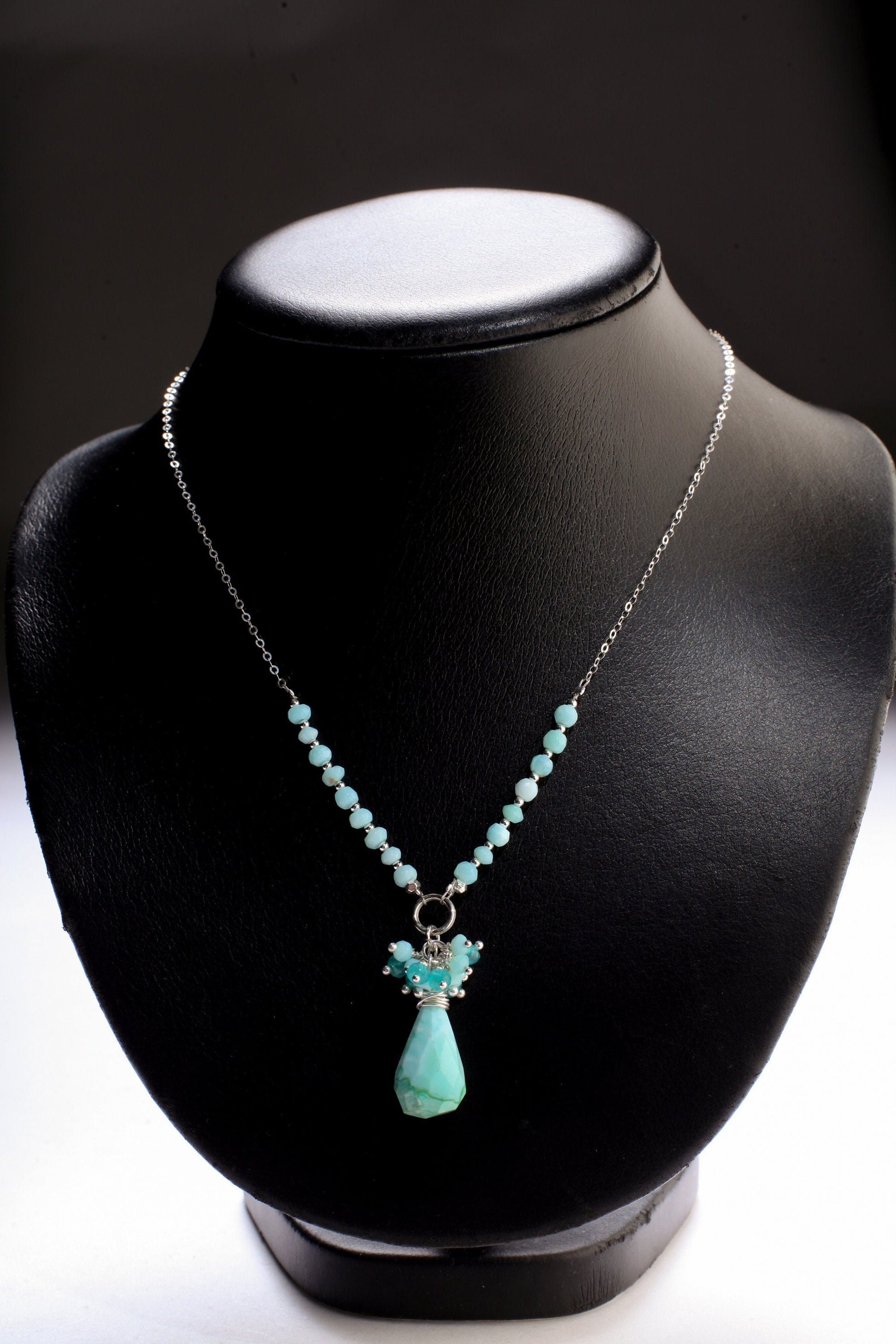 Blue Peruvian Opal Briolette Drop in Sterling Silver Wire Wrapped, Blue Opal,Apatite Clusters in Sterling Silver Opal Rosary Chain 22" long