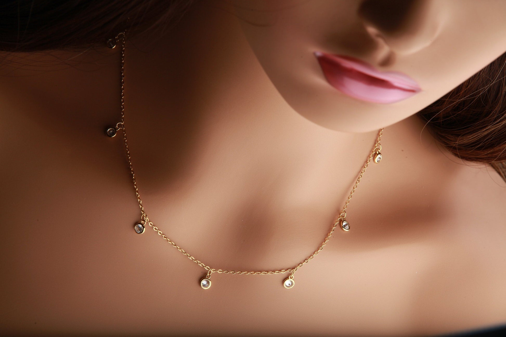 Cubic Zirconia CZ diamond Bezel Dangling Charm Gold Filled Choker Necklace. Gift for her. Available in sizes