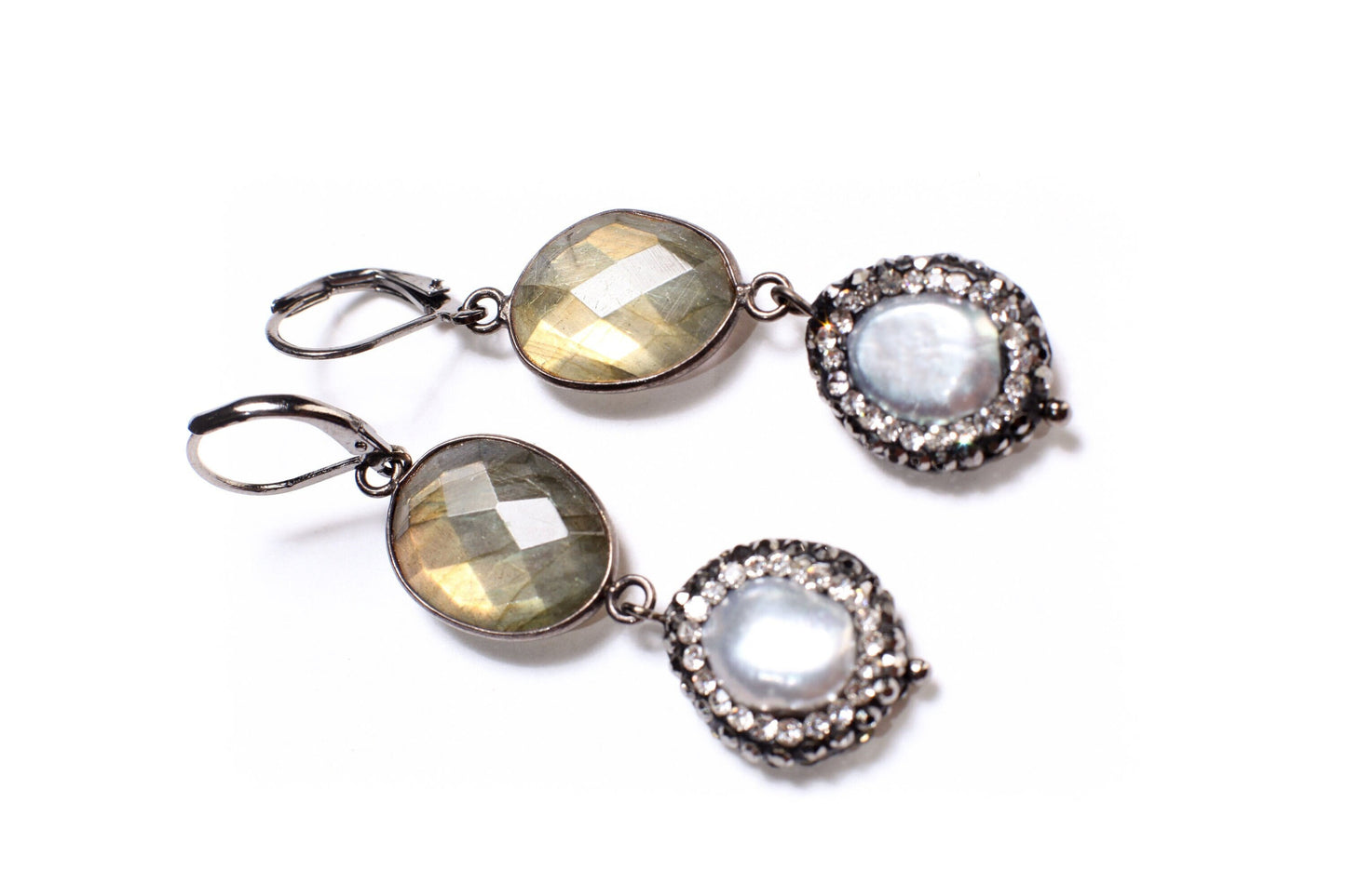 Natural Labradorite Free Form Oval Back Oxidized Silver Bezel with Dangling Natural silver gray earrring