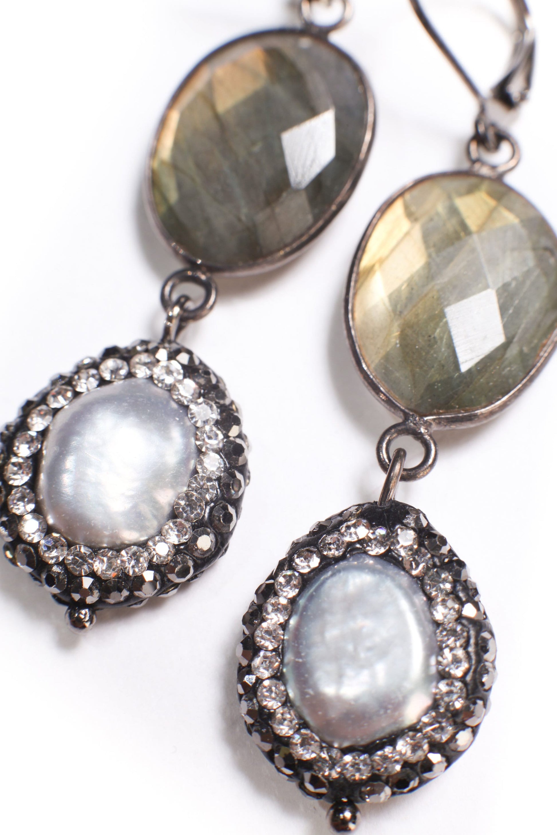 Natural Labradorite Free Form Oval Back Oxidized Silver Bezel with Dangling Natural silver gray earrring
