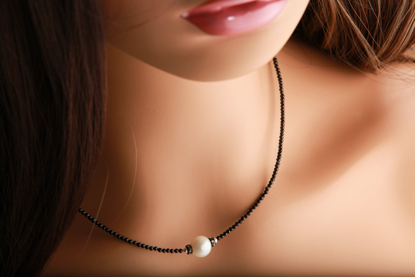 Black Spinel Micro Faceted Diamond Cut Choker Necklace, Freshwater Pearl, Diamond Style Rhinestone Roundel Pendant 14" Necklace 2" Extension