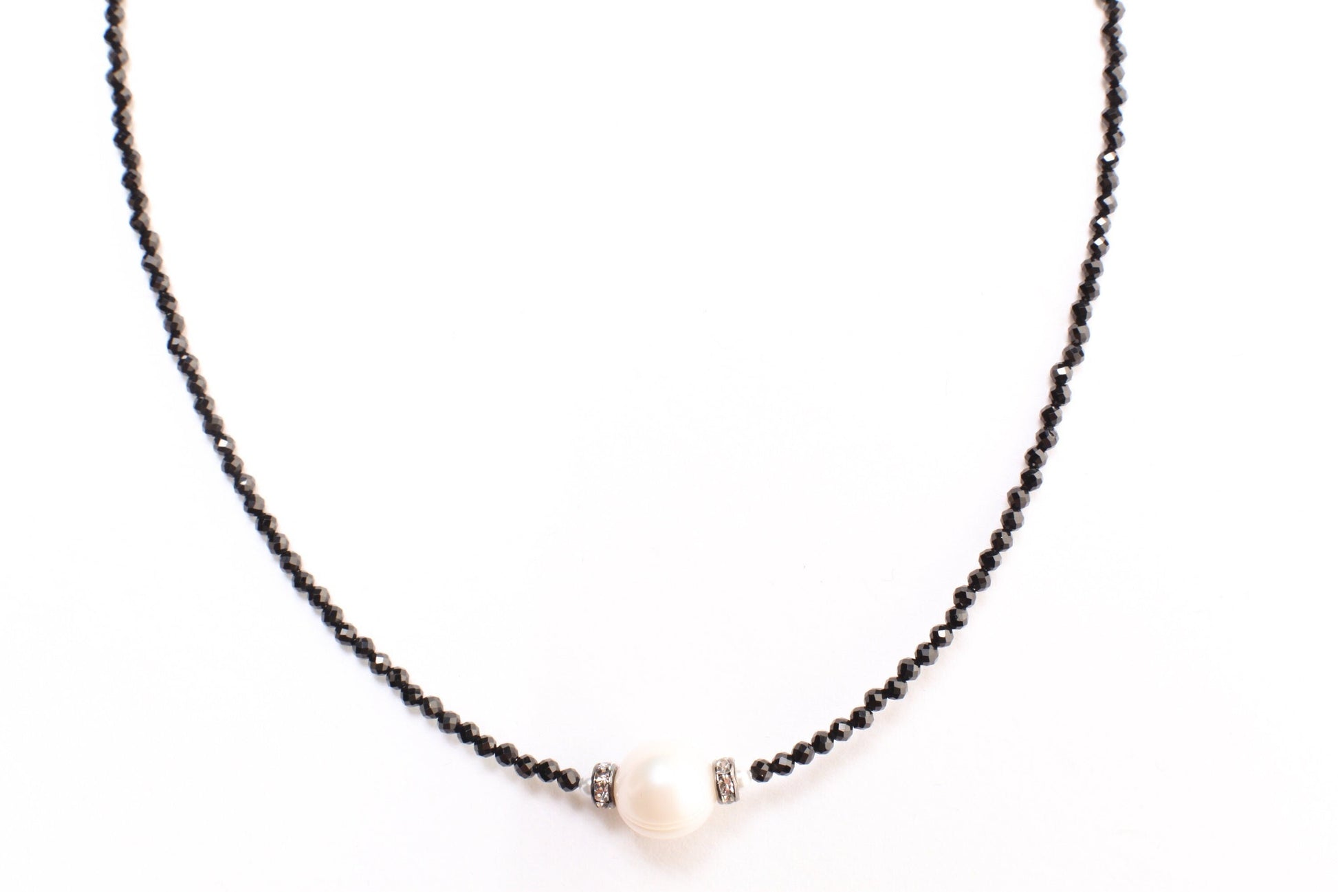 Black Spinel Micro Faceted Diamond Cut Choker Necklace, Freshwater Pearl, Diamond Style Rhinestone Roundel Pendant 14" Necklace 2" Extension