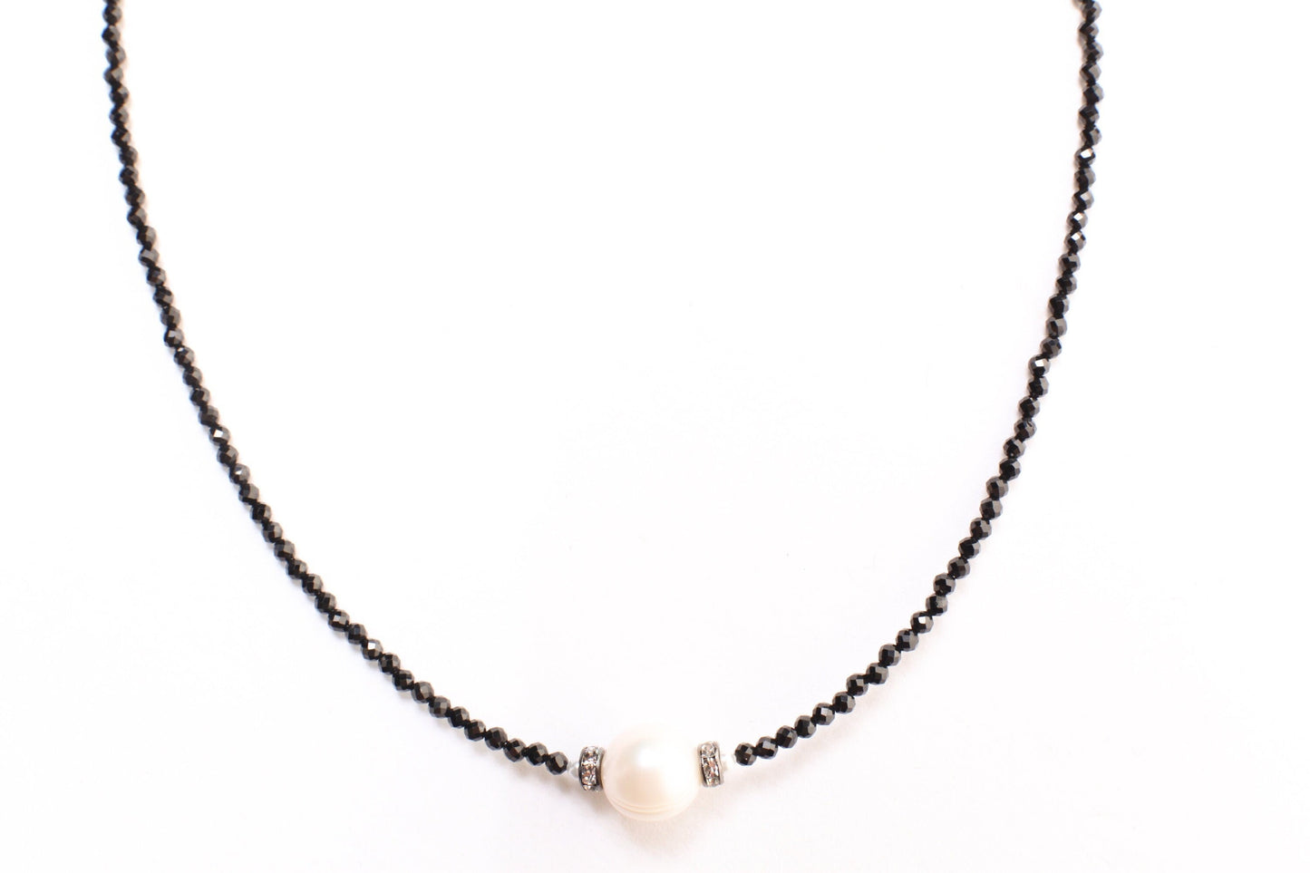 Black Spinel Micro Faceted Diamond Cut Choker Necklace, Freshwater Pearl, Diamond Style Rhinestone Roundel Pendant 14" Necklace 2" Extension
