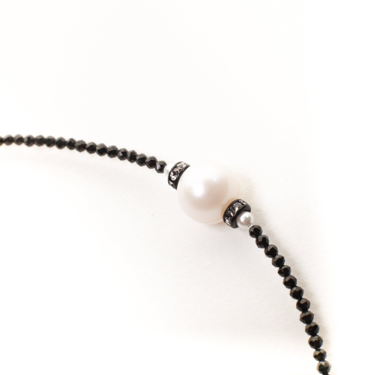 Black Spinel Micro Faceted Diamond Cut Choker Necklace, Freshwater Pearl, Diamond Style Rhinestone Roundel Pendant 14" Necklace 2" Extension
