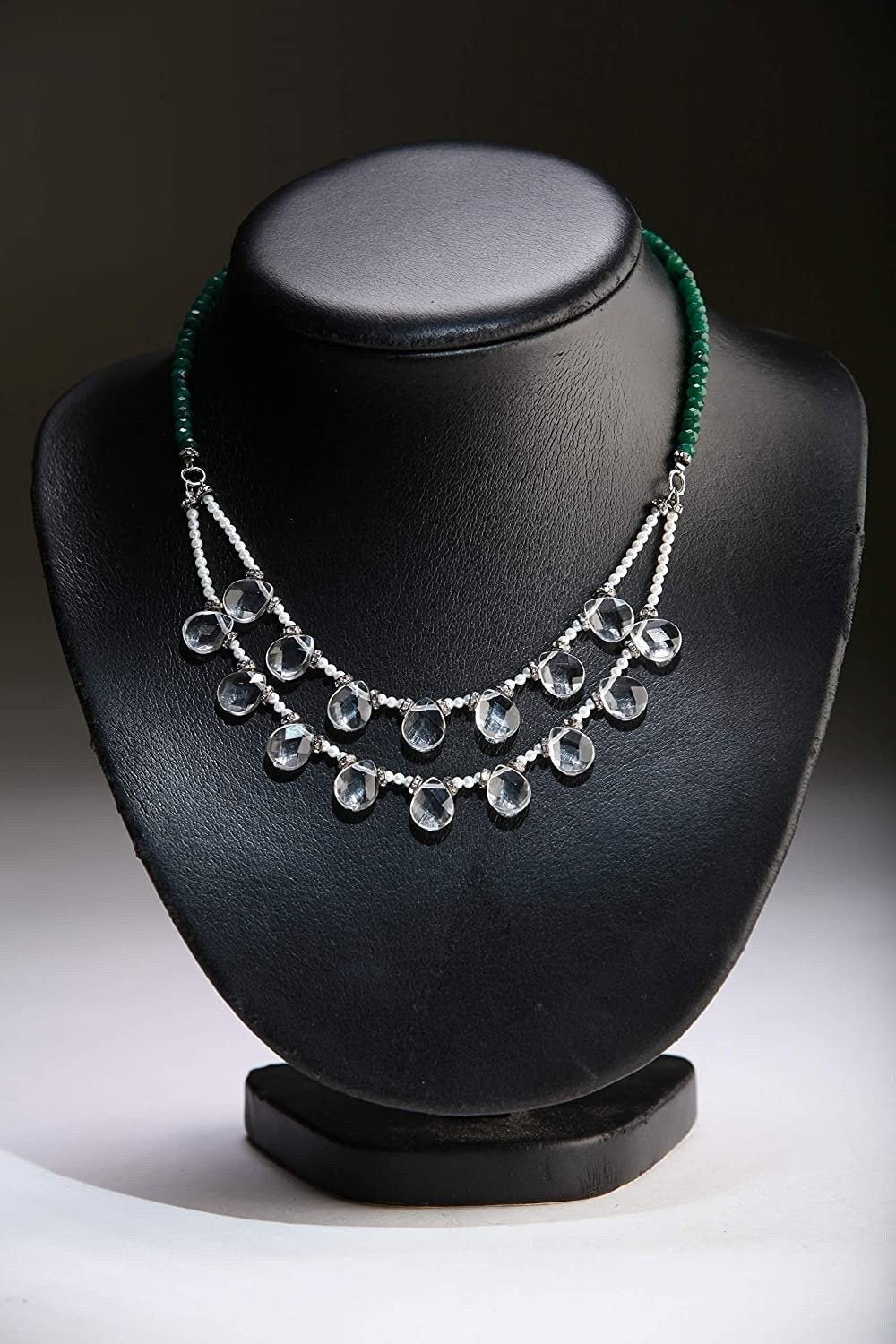 Natural Rock Crystal Quartz Pear Drop 7x9mm 2 Strands Necklace with Tiny fresh water pearl and Green Jade, boho , bib , gift
