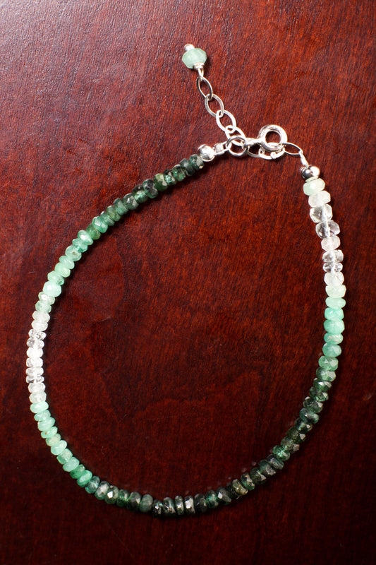 Ombre Emerald Faceted Rondelle 3-4mm Bracelet in 925 Sterling Silver Clasp and 1&quot; Extension Chain,AAA Quality Natural Precious gift for her.