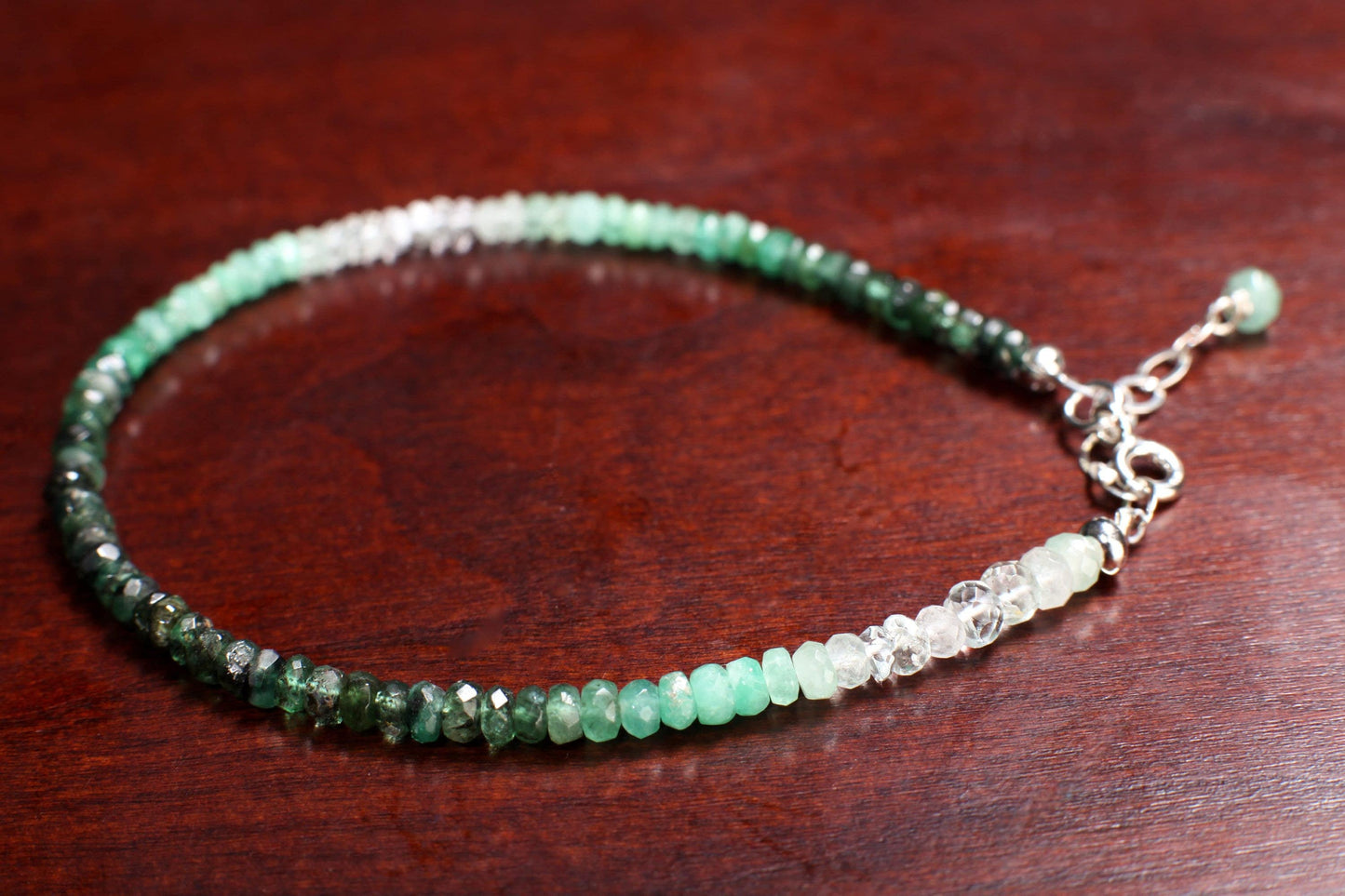 Ombre Emerald Faceted Rondelle 3-4mm Bracelet in 925 Sterling Silver Clasp and 1" Extension Chain,AAA Quality Natural Precious gift for her.