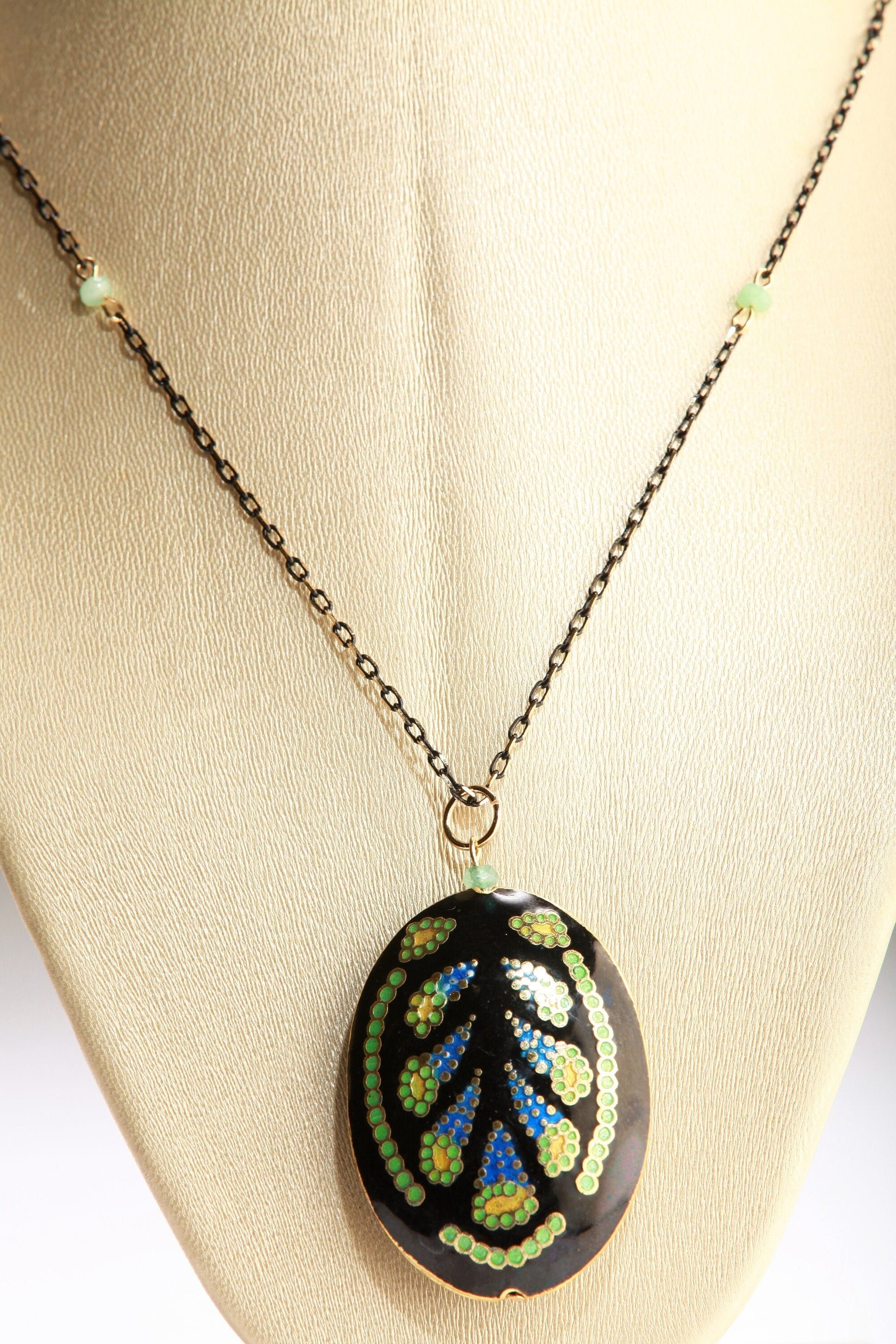 Traditional Cloisonné Pendant Vintage Floral Flowers Focal with Gold Plated Beaded Chain Necklace 23&quot; and matching Leverback Earrings set