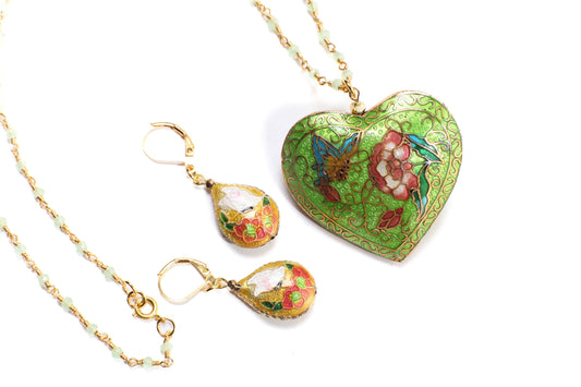 Traditional Cloisonné Pendant Vintage Floral Flowers Revisable Focal,matching Beaded Chain Necklace 20&quot; matching Earrings set valentines