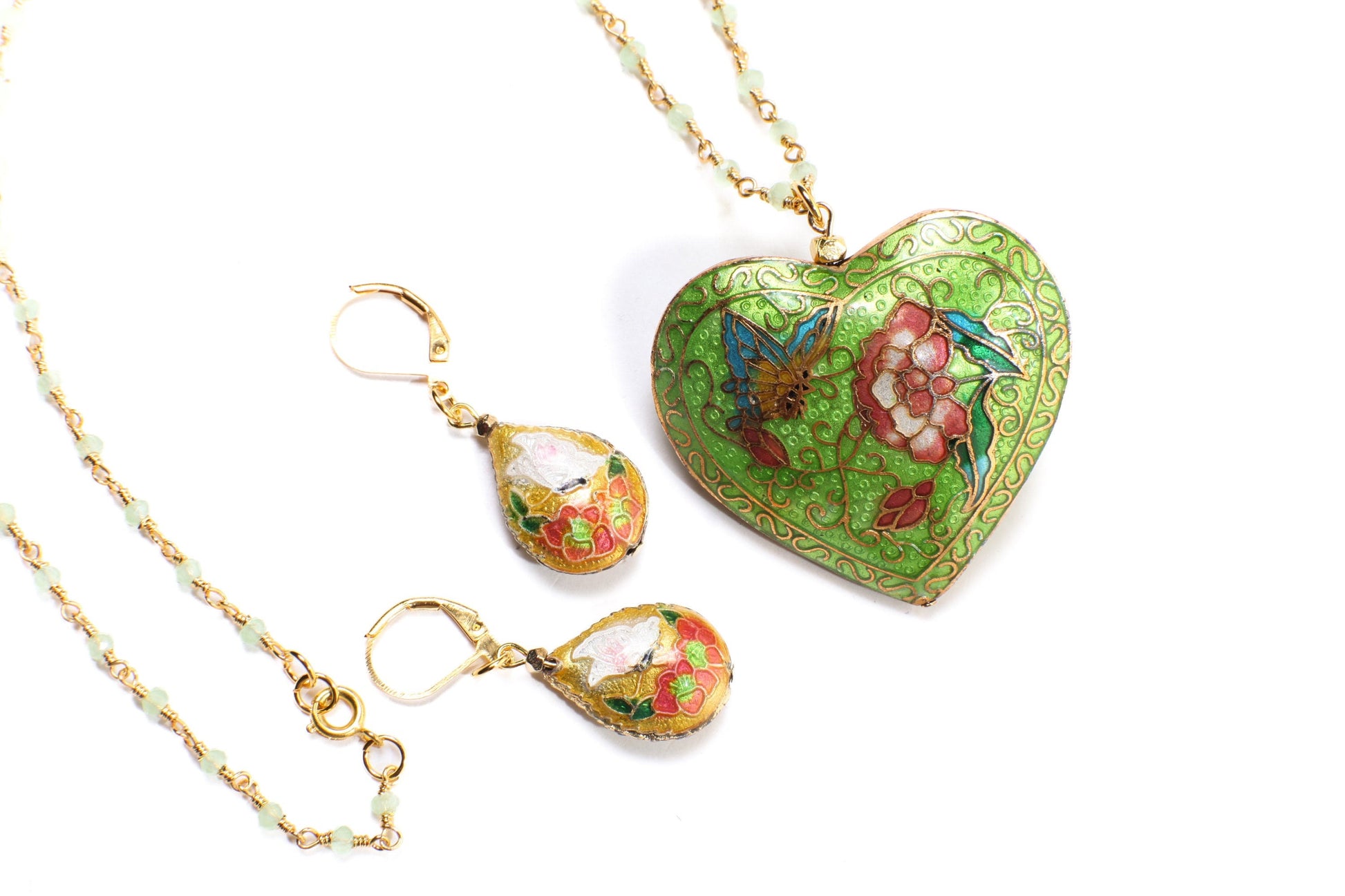 Traditional Cloisonné Pendant Vintage Floral Flowers Revisable Focal,matching Beaded Chain Necklace 20" matching Earrings set valentines