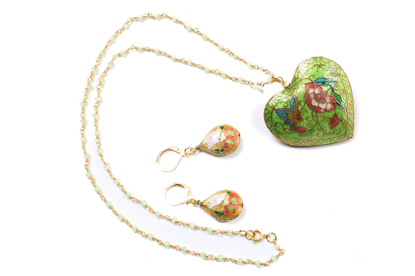 Traditional Cloisonné Pendant Vintage Floral Flowers Revisable Focal,matching Beaded Chain Necklace 20" matching Earrings set valentines