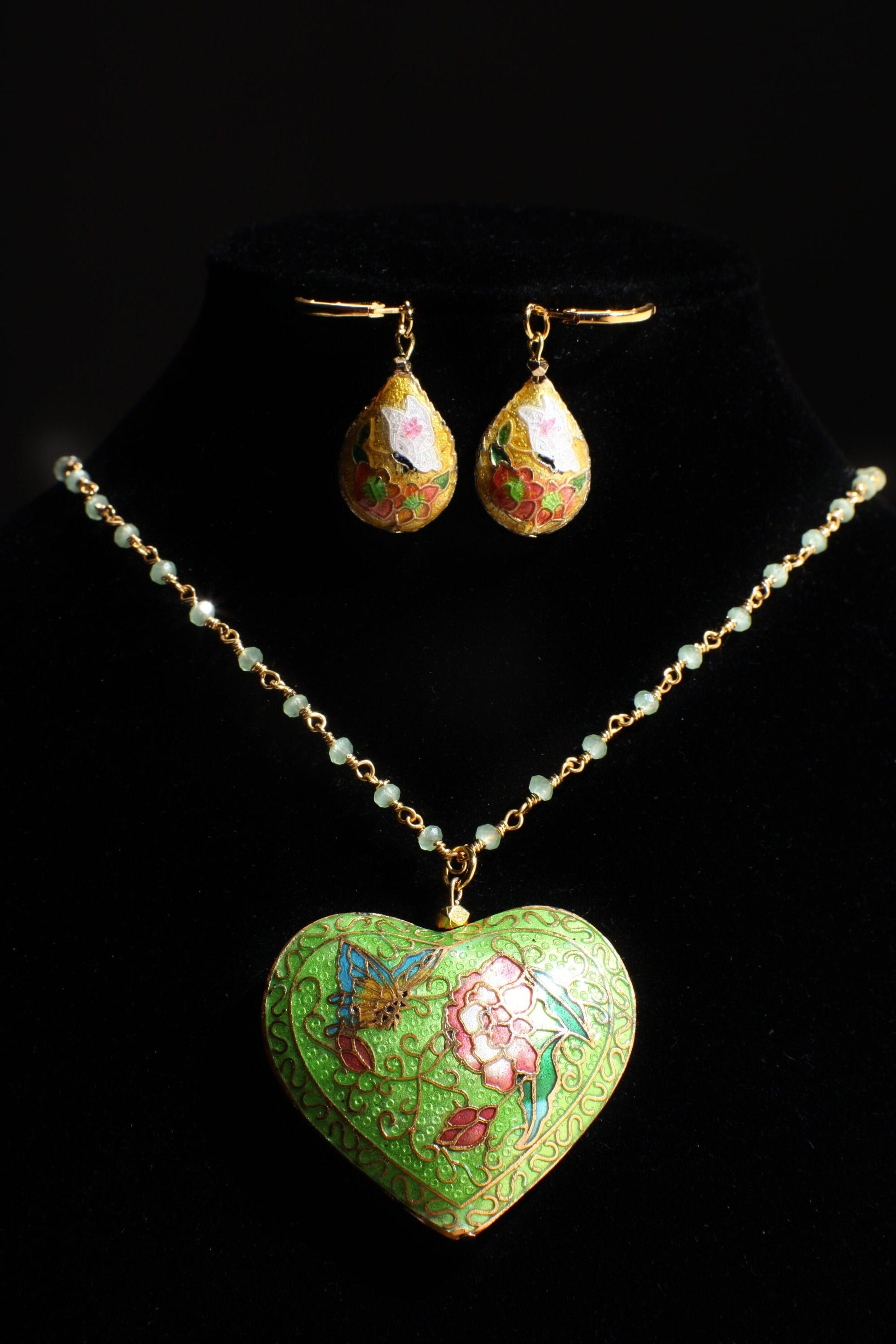 Traditional Cloisonné Pendant Vintage Floral Flowers Revisable Focal,matching Beaded Chain Necklace 20" matching Earrings set valentines
