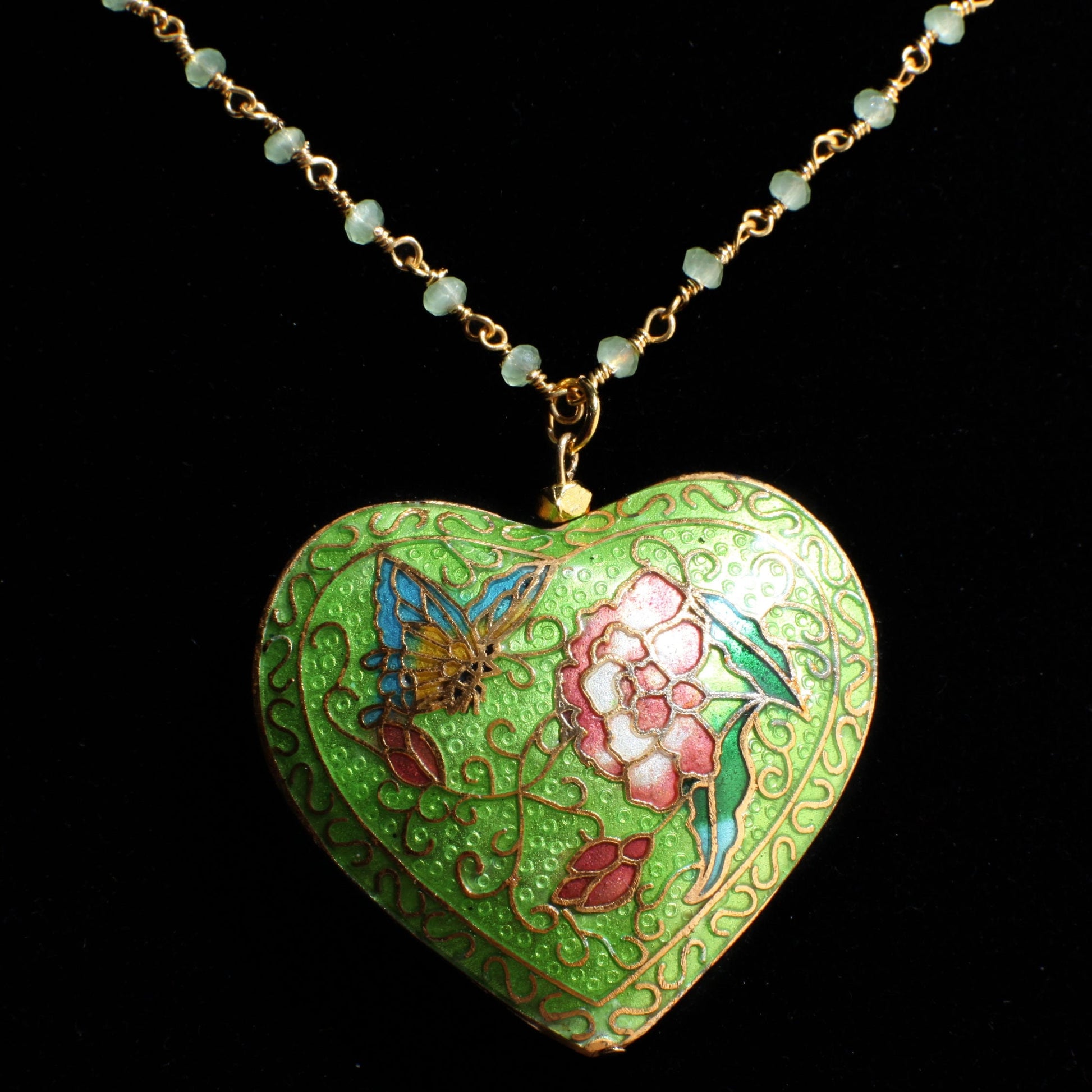 Traditional Cloisonné Pendant Vintage Floral Flowers Revisable Focal,matching Beaded Chain Necklace 20&quot; matching Earrings set valentines