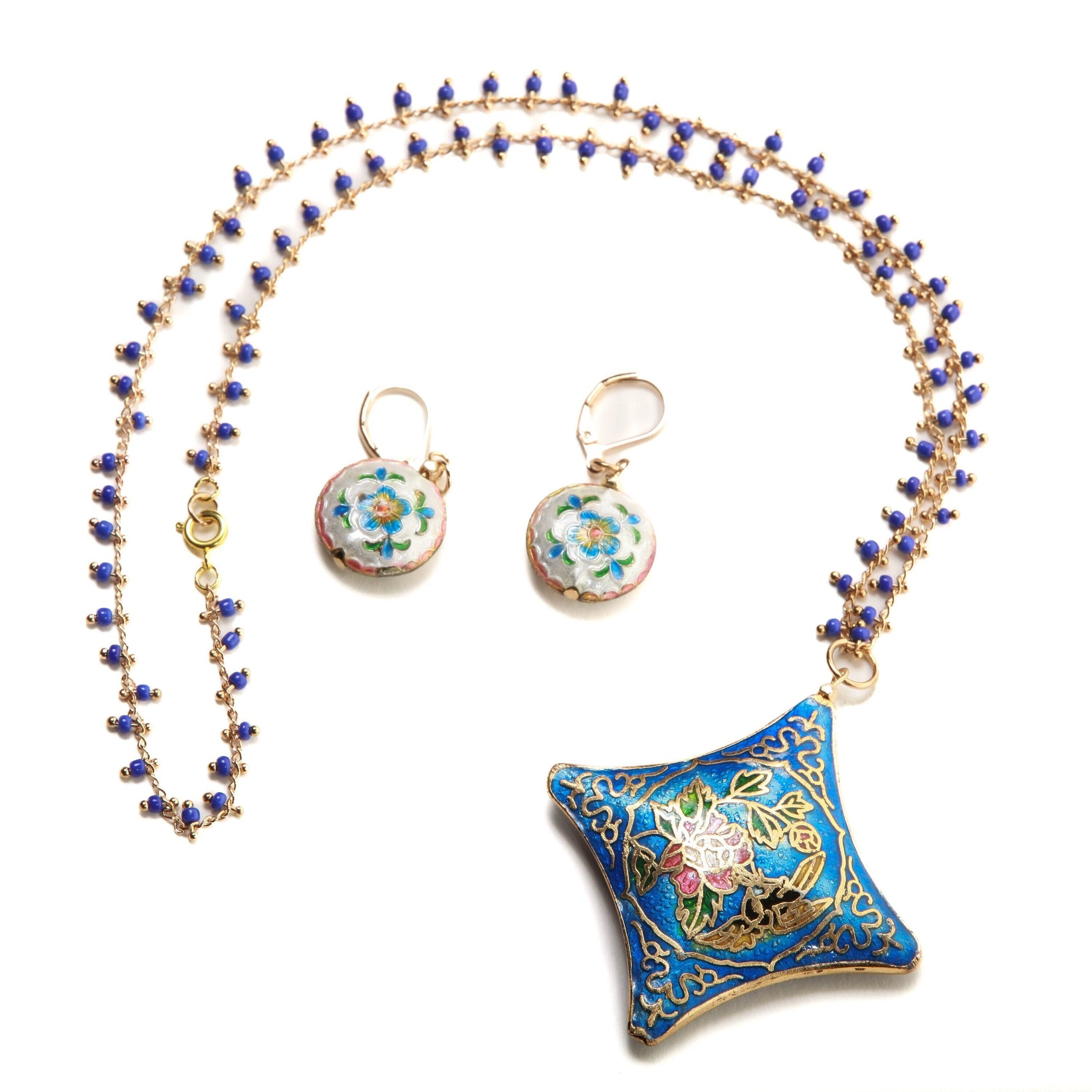 Traditional Cloisonné Pendant Vintage Floral Flowers Focal with Gold Plated Beaded Chain Necklace 20" and matching Leverback Earrings set