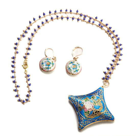 Traditional Cloisonné Pendant Vintage Floral Flowers Focal with Gold Plated Beaded Chain Necklace 20" and matching Leverback Earrings set