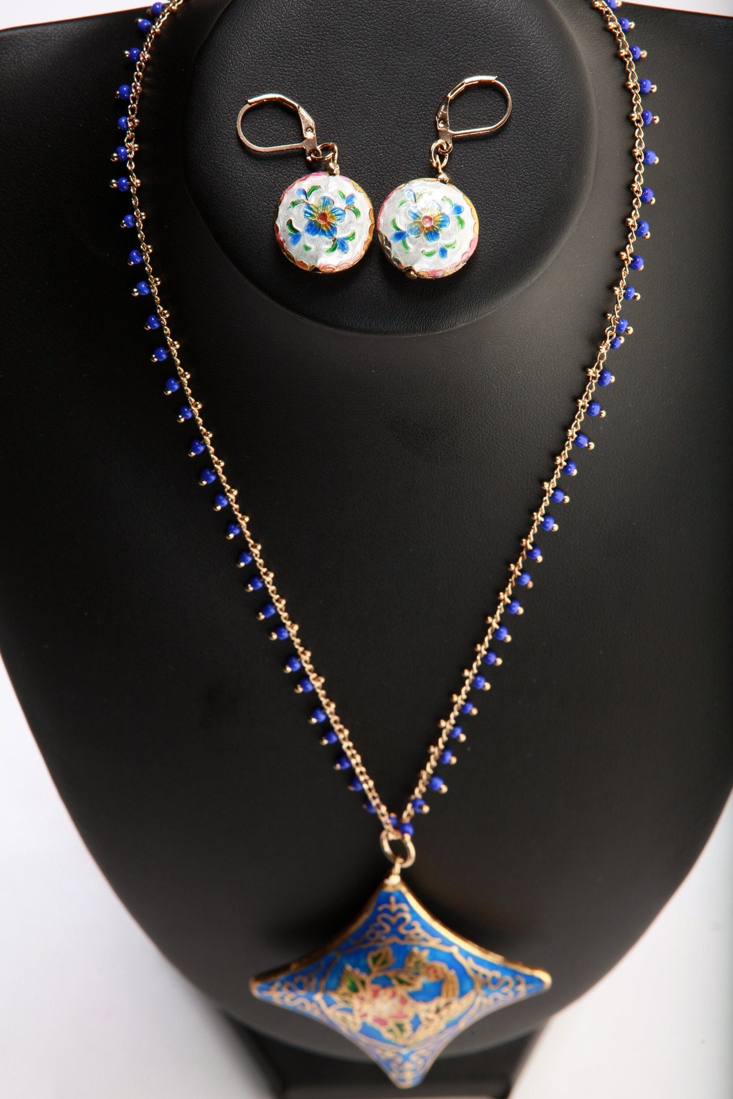 Traditional Cloisonné Pendant Vintage Floral Flowers Focal with Gold Plated Beaded Chain Necklace 20" and matching Leverback Earrings set