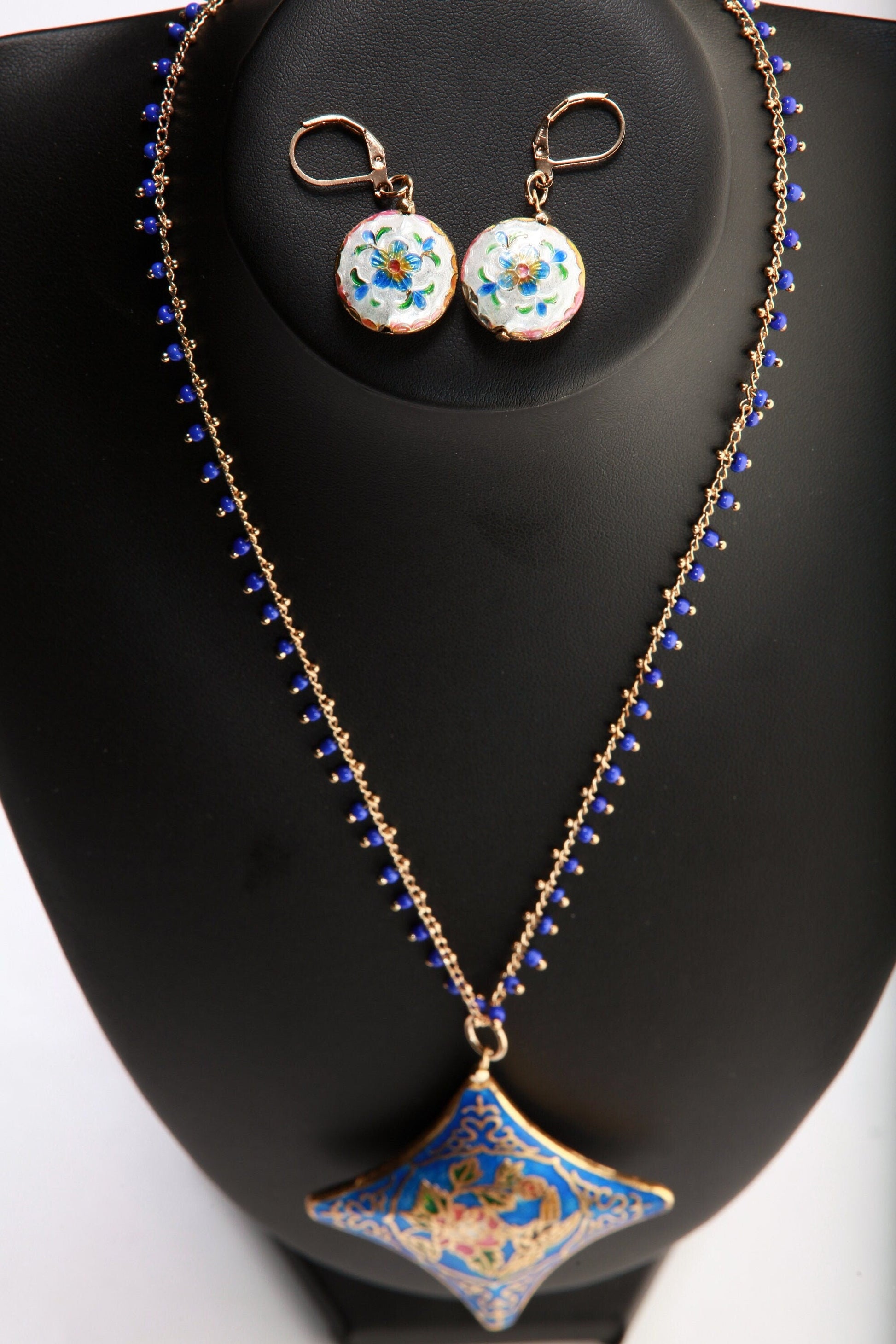 Traditional Cloisonné Pendant Vintage Floral Flowers Focal with Gold Plated Beaded Chain Necklace 20" and matching Leverback Earrings set