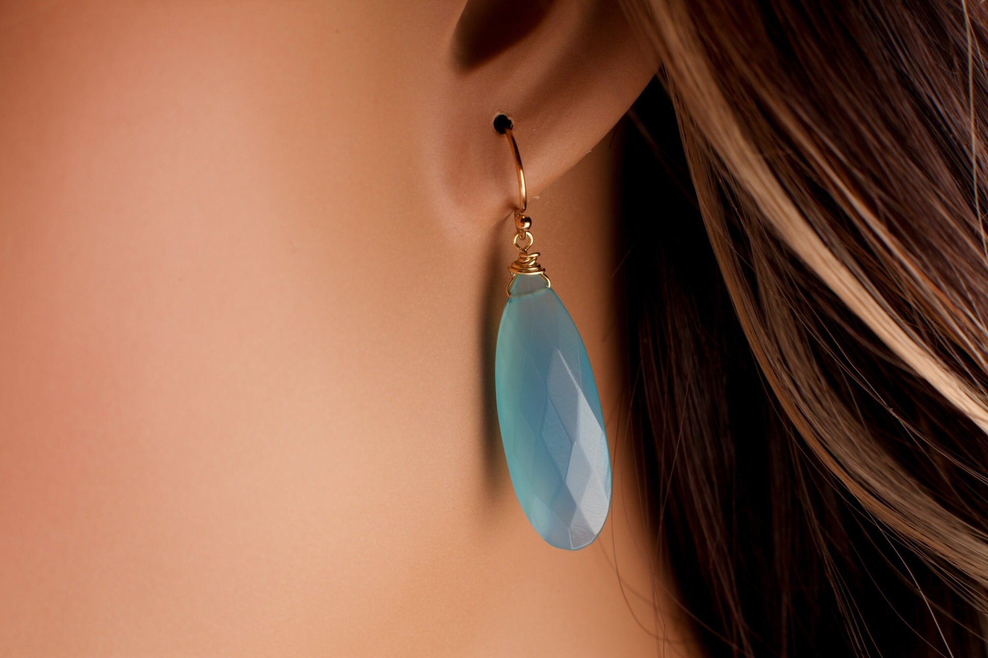 Sky Blue Chalcedony 9.5x25mm Briolette Teardrop, 925 Sterling Silver or Gold Filled in Earwire or Leverback, Boho, Gemstone Jewelry Gift