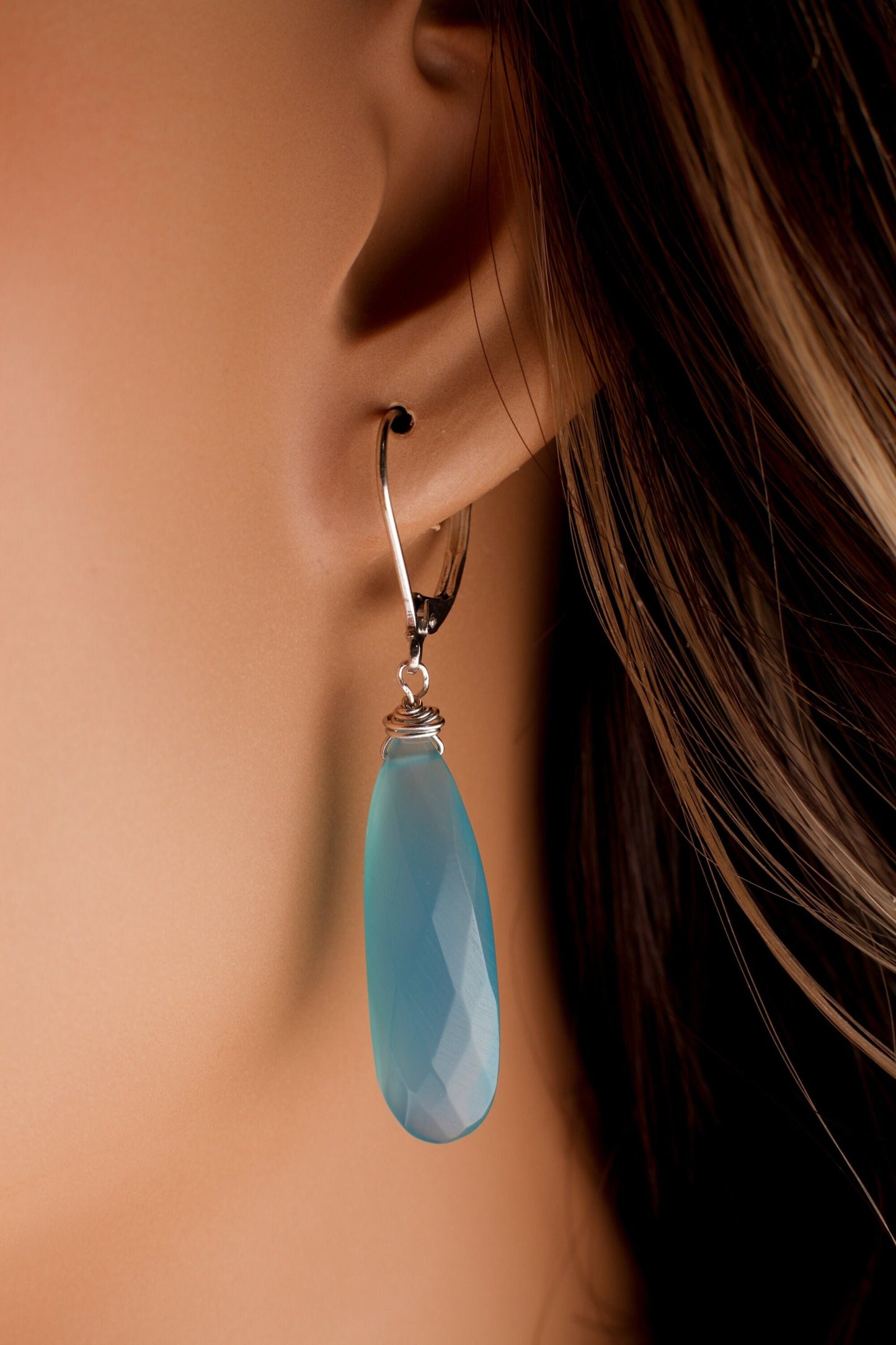 Sky Blue Chalcedony 9.5x25mm Briolette Teardrop, 925 Sterling Silver or Gold Filled in Earwire or Leverback, Boho, Gemstone Jewelry Gift