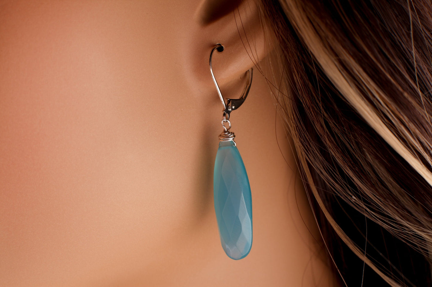 Sky Blue Chalcedony 9.5x25mm Briolette Teardrop, 925 Sterling Silver or Gold Filled in Earwire or Leverback, Boho, Gemstone Jewelry Gift