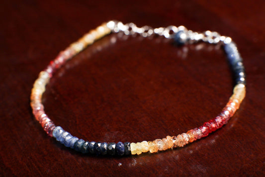 Natural Multi Sunset Sapphire Faceted 3mm Rondelle Gemstone Bracelet in 925 Sterling Silver or 14K Gold Filled Chain and Clasp, Gift for her