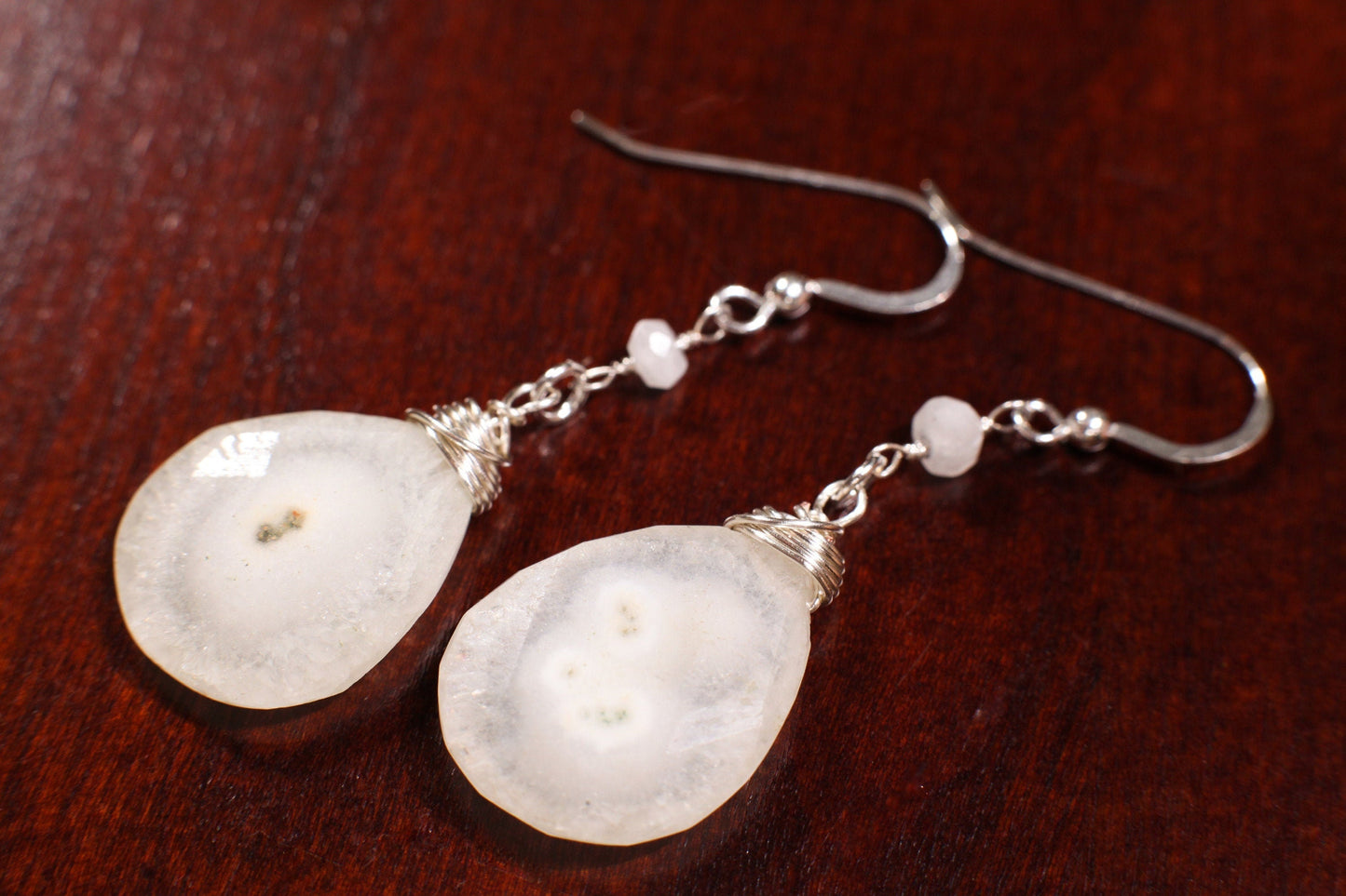 Solar Quartz Pear Drop 17x22mm Pendant Y 16&quot; Necklace, Wire Wrapped Moonstone Spacers Dangling Earrings Jewelry Set in 925 Sterling Silver