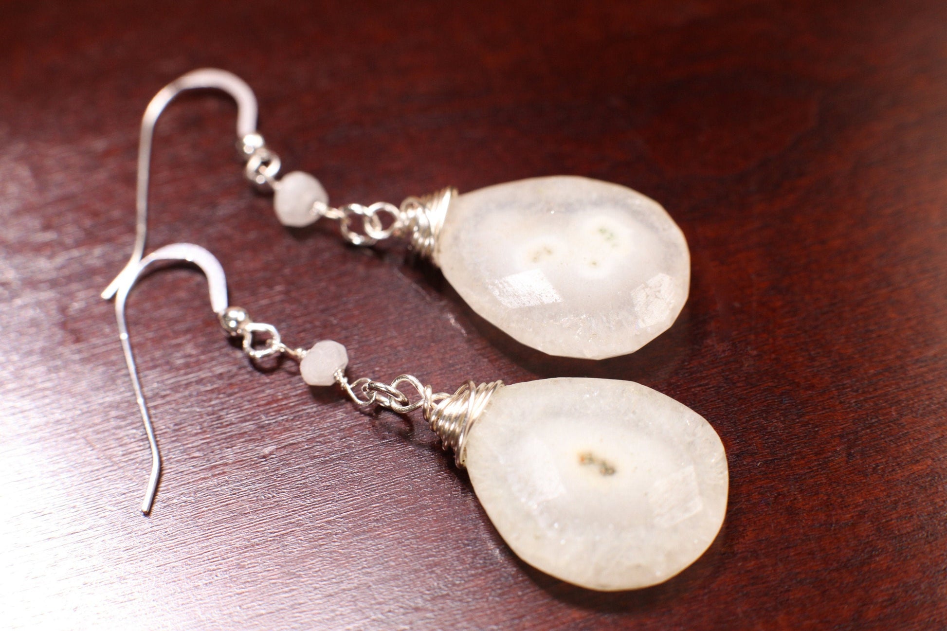 Solar Quartz Pear Drop 17x22mm Pendant Y 16" Necklace, Wire Wrapped Moonstone Spacers Dangling Earrings Jewelry Set in 925 Sterling Silver