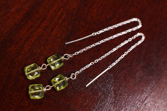 Peridot Faceted 6x6mm Square Cushion Shape in 925 Sterling Silver 65mm Long Threader Earrings, Gifts