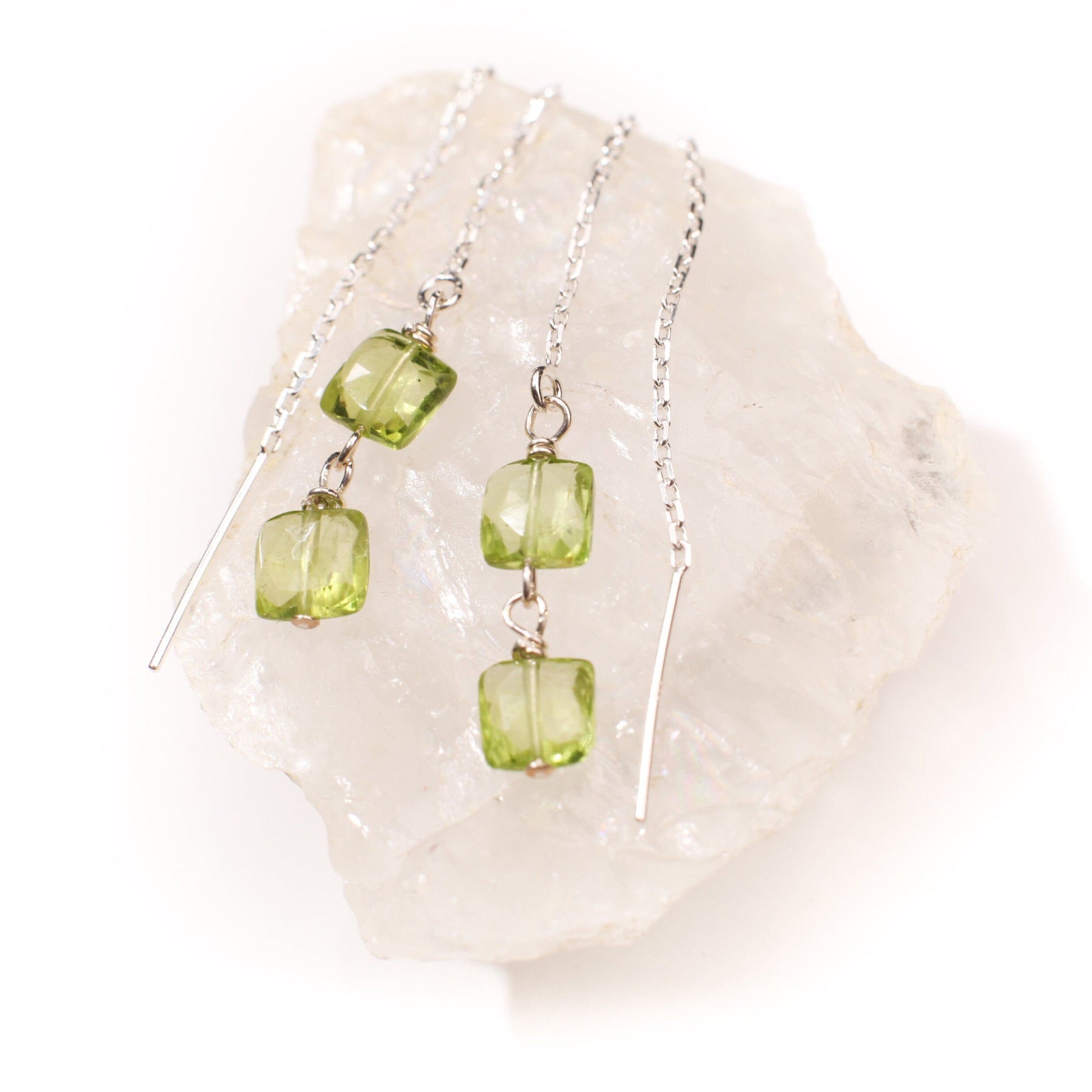 Peridot Faceted 6x6mm Square Cushion Shape in 925 Sterling Silver 65mm Long Threader Earrings, Gifts