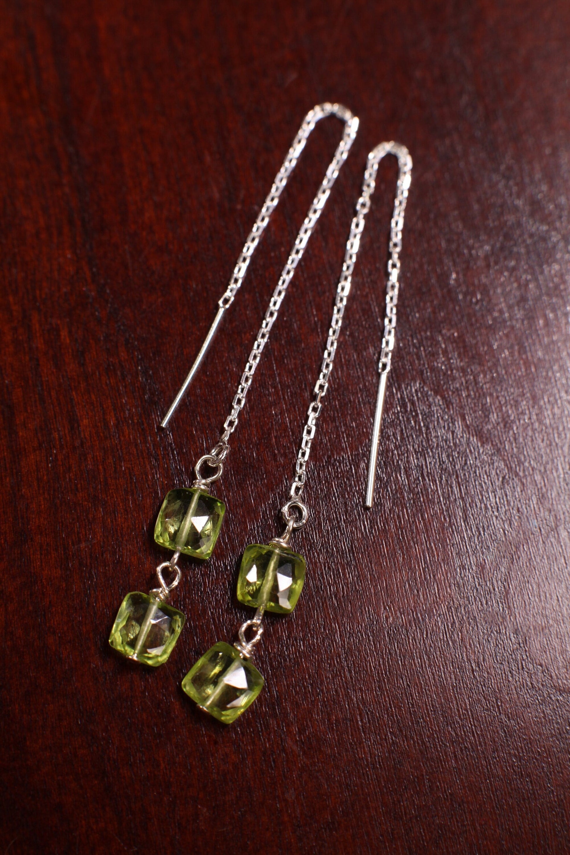 Peridot Faceted 6x6mm Square Cushion Shape in 925 Sterling Silver 65mm Long Threader Earrings, Gifts