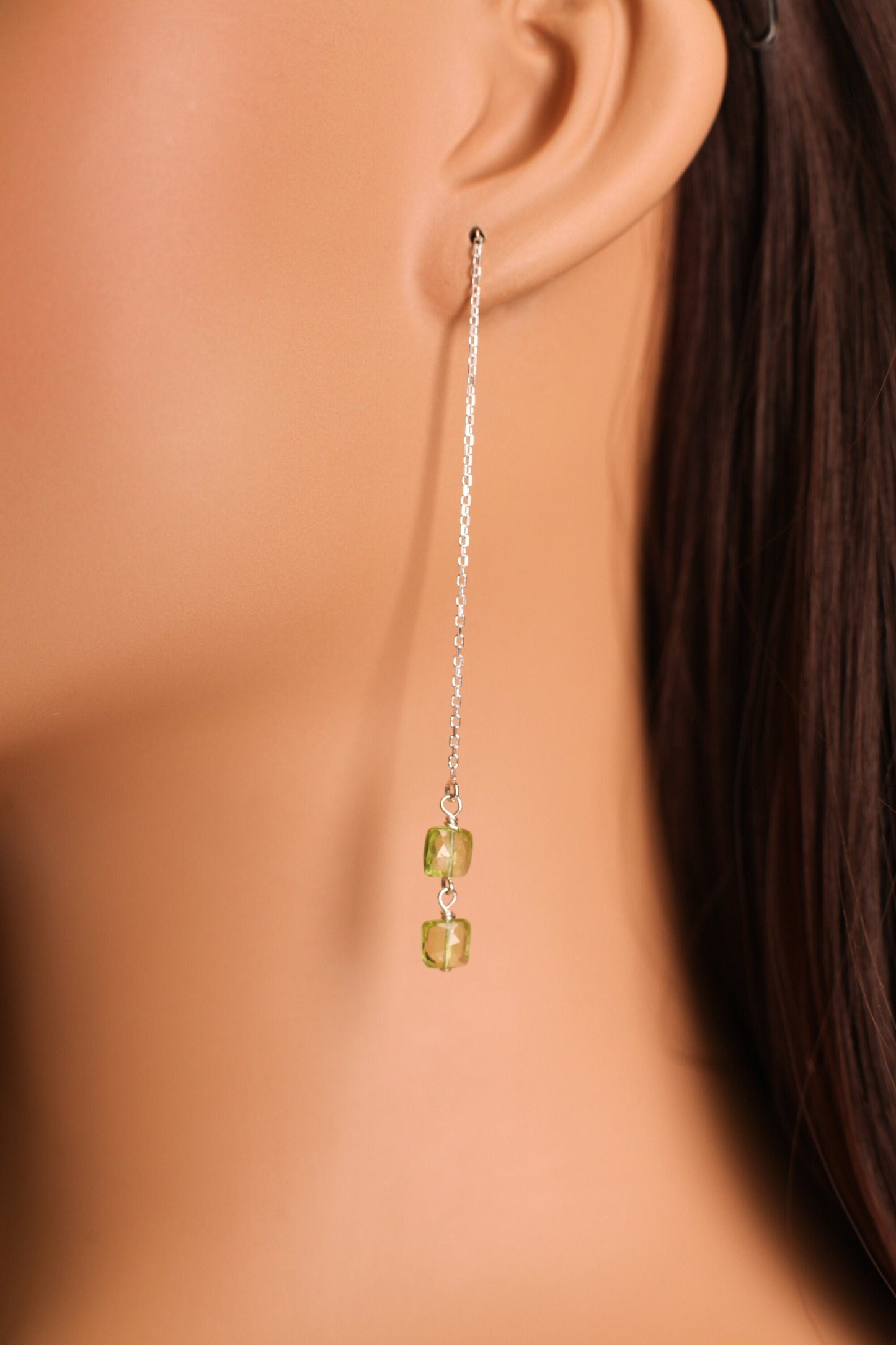 Peridot Faceted 6x6mm Square Cushion Shape in 925 Sterling Silver 65mm Long Threader Earrings, Gifts