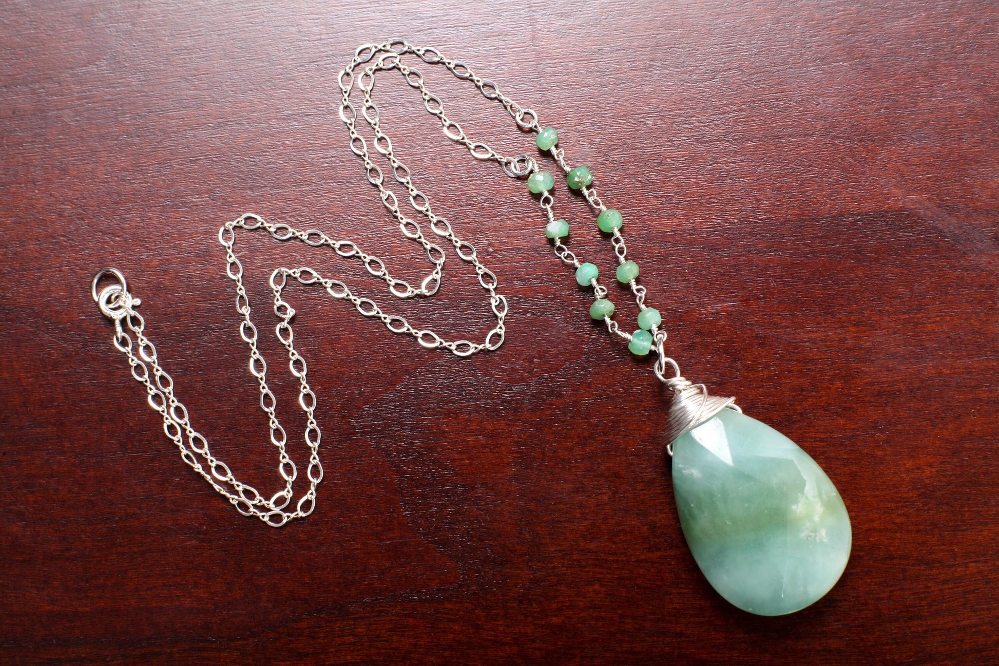 Natural Amazonite Faceted Pear Drop Briolette Sterling Silver Wire Wrapped Charm in 925 Sterling Silver Amazonite Rosary Figure 8 Chain 18&quot;