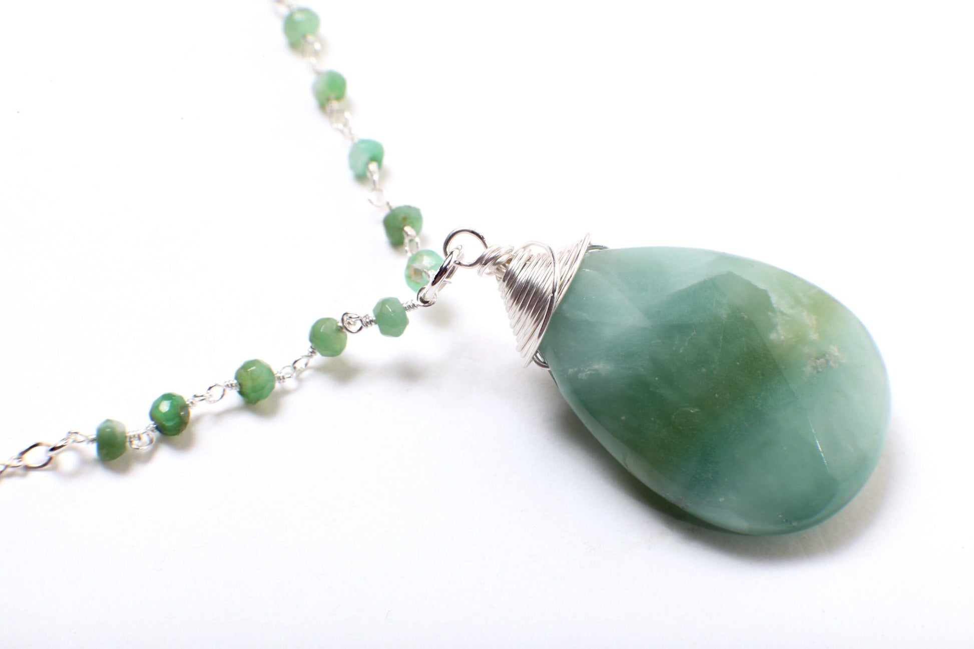 Natural Amazonite Faceted Pear Drop Briolette Sterling Silver Wire Wrapped Charm in 925 Sterling Silver Amazonite Rosary Figure 8 Chain 18&quot;